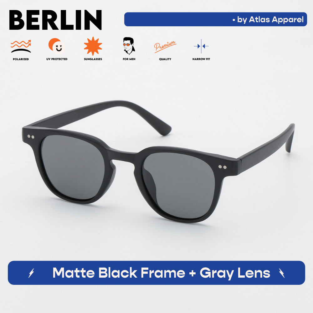 BERLIN Men's Polarized Oval Sunglasses (Size 48) by Atlas Apparel - UV Protection, Narrow Fit