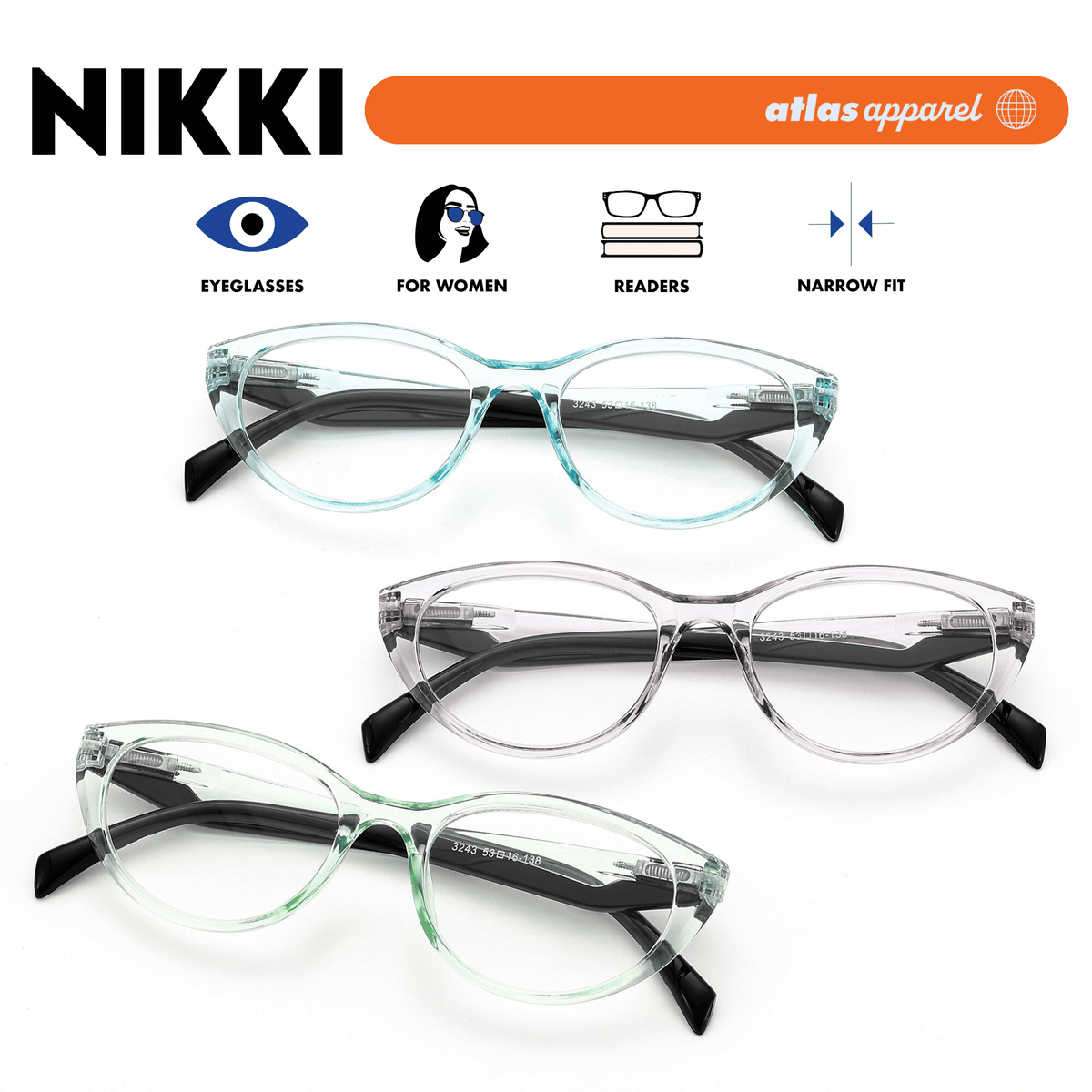 Atlas Apparel NIKKI Reading Glasses for Women, Graded Lenses (Size 47) - Spring Hinge Cat Eye Frame