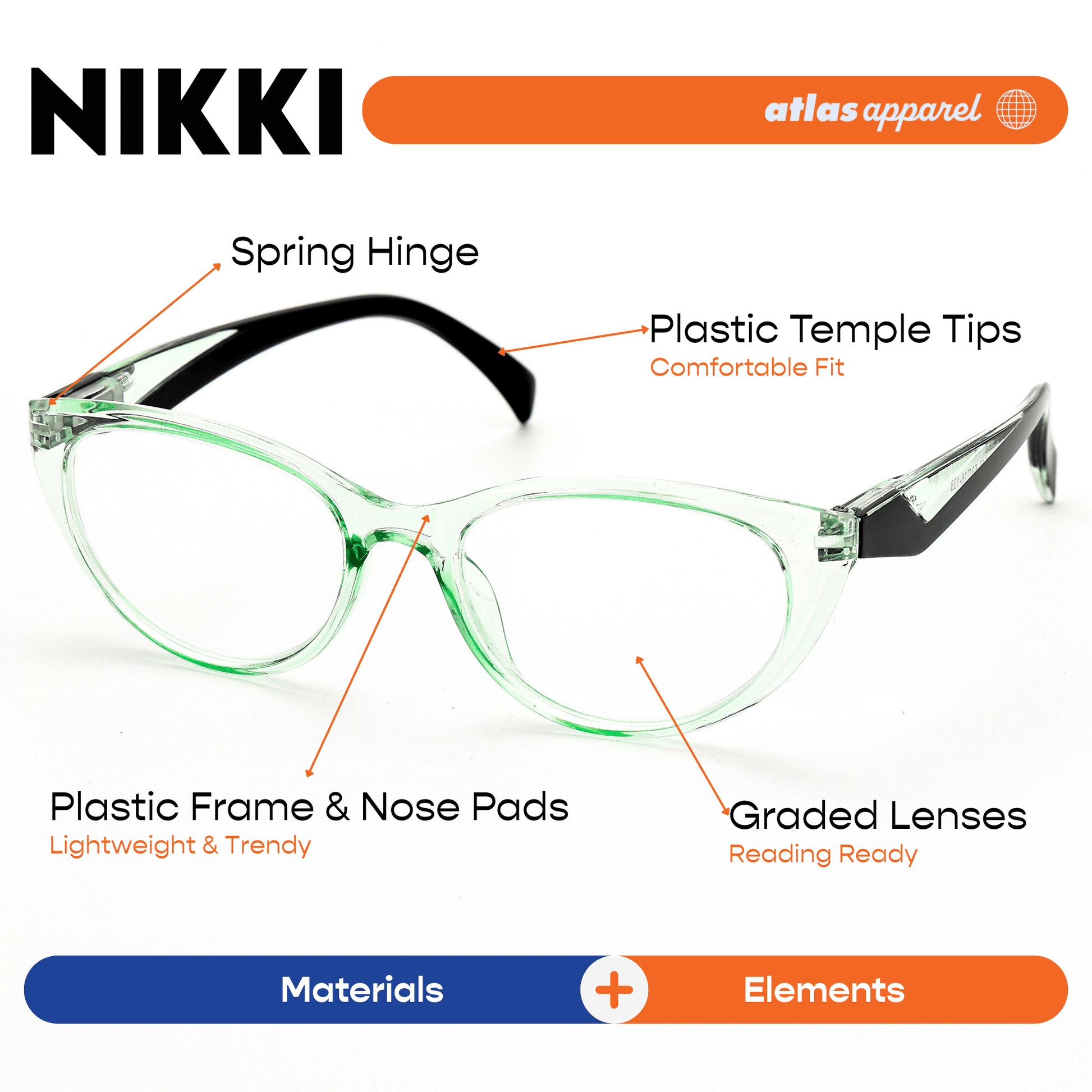 Atlas Apparel NIKKI Reading Glasses for Women, Graded Lenses (Size 47) - Spring Hinge Cat Eye Frame