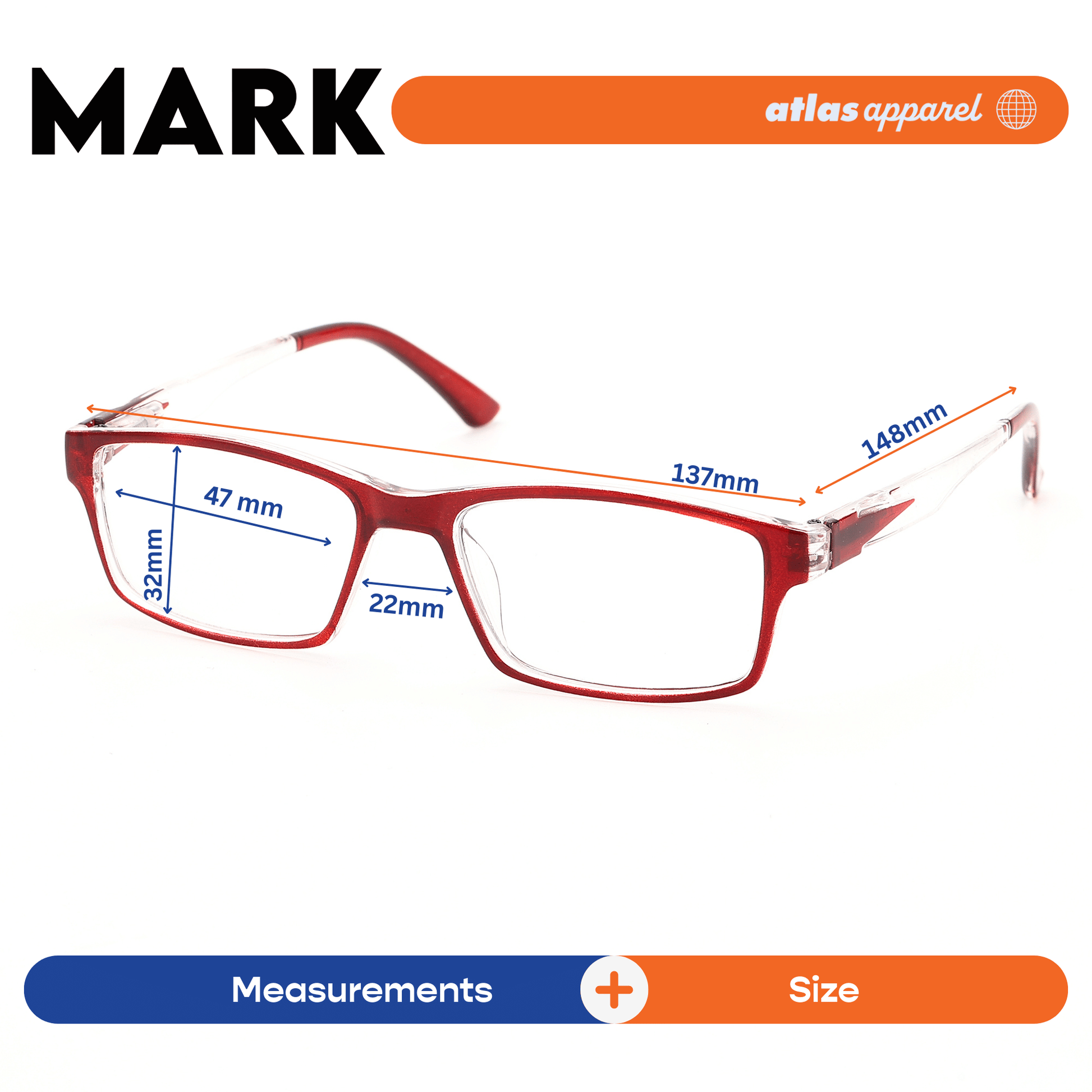 Atlas Apparel MARK Reading Glasses for Men, Graded Lenses (Size 47) - Spring Hinge Rectangular Frame