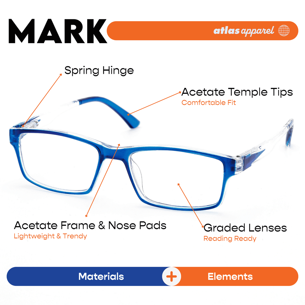 Atlas Apparel MARK Reading Glasses for Men, Graded Lenses (Size 47) - Spring Hinge Rectangular Frame