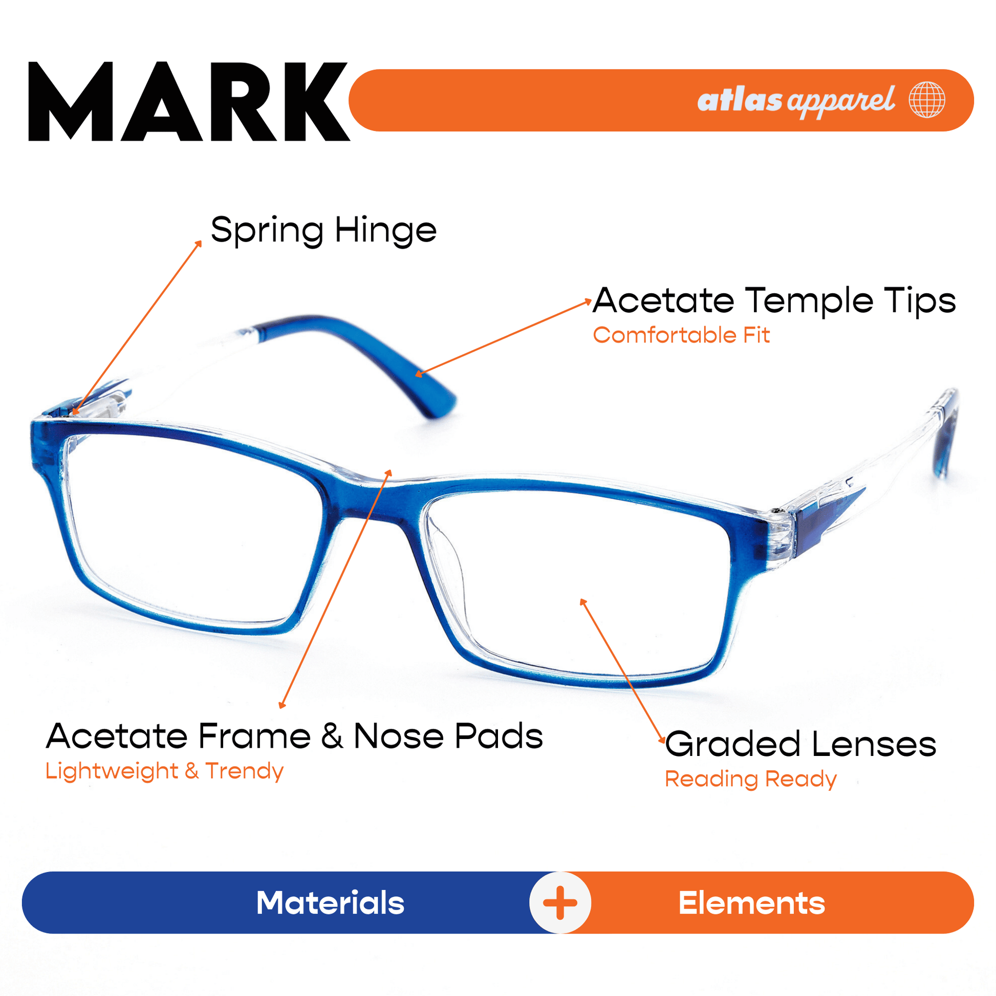 Atlas Apparel MARK Reading Glasses for Men, Graded Lenses (Size 47) - Spring Hinge Rectangular Frame
