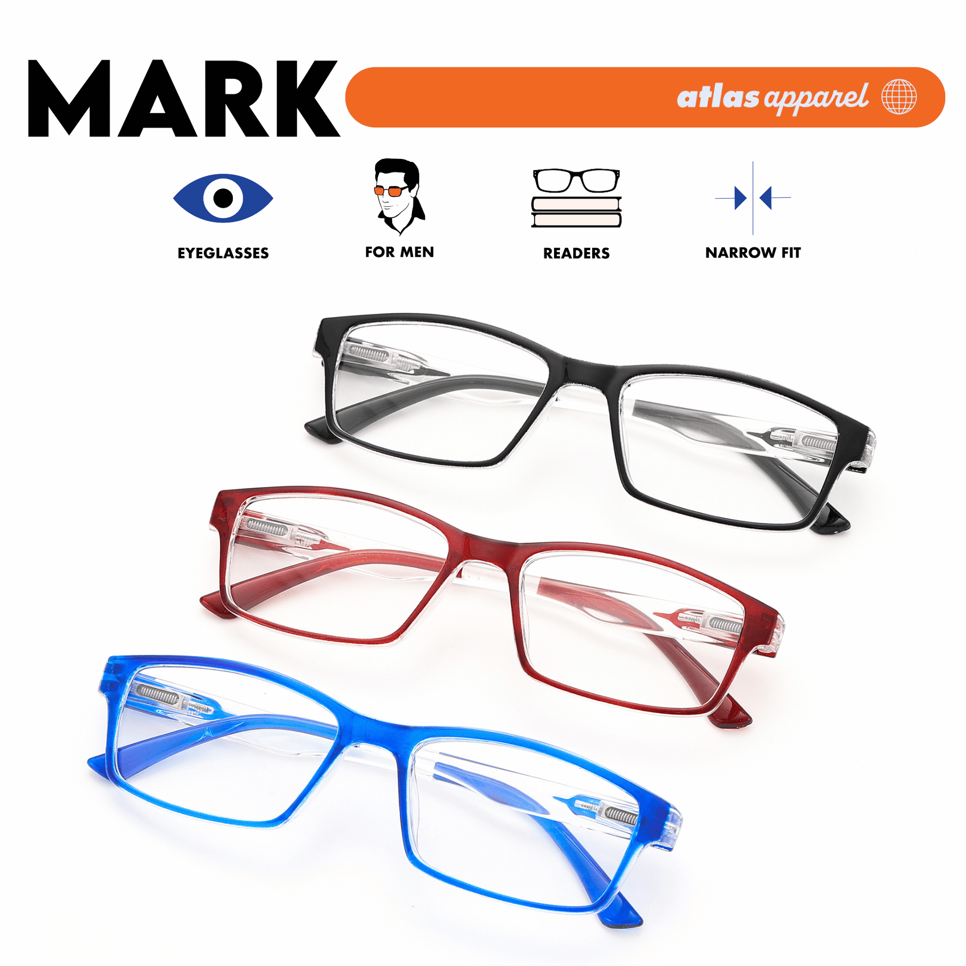 Atlas Apparel MARK Reading Glasses for Men, Graded Lenses (Size 47) - Spring Hinge Rectangular Frame