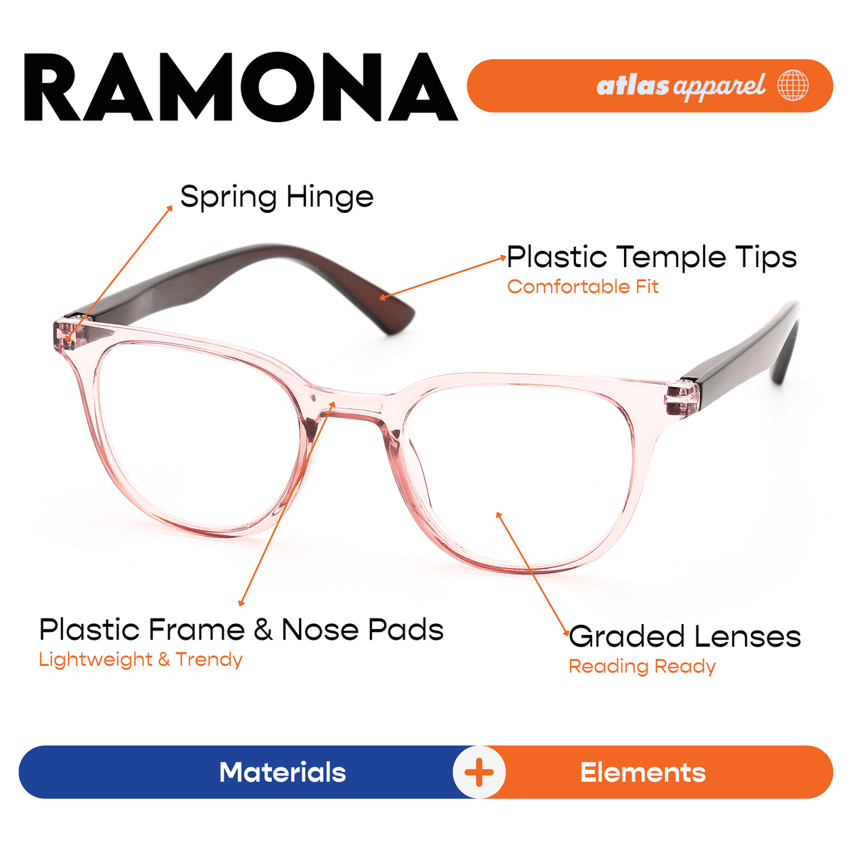 Atlas Apparel RAMONA Reading Glasses for Women, Graded Lenses (Size 48) - Spring Hinge Round Frame