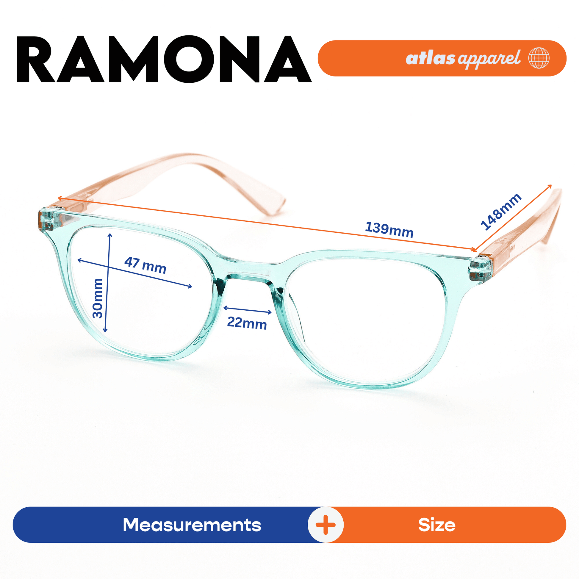 Atlas Apparel RAMONA Reading Glasses for Women, Graded Lenses (Size 48) - Spring Hinge Round Frame