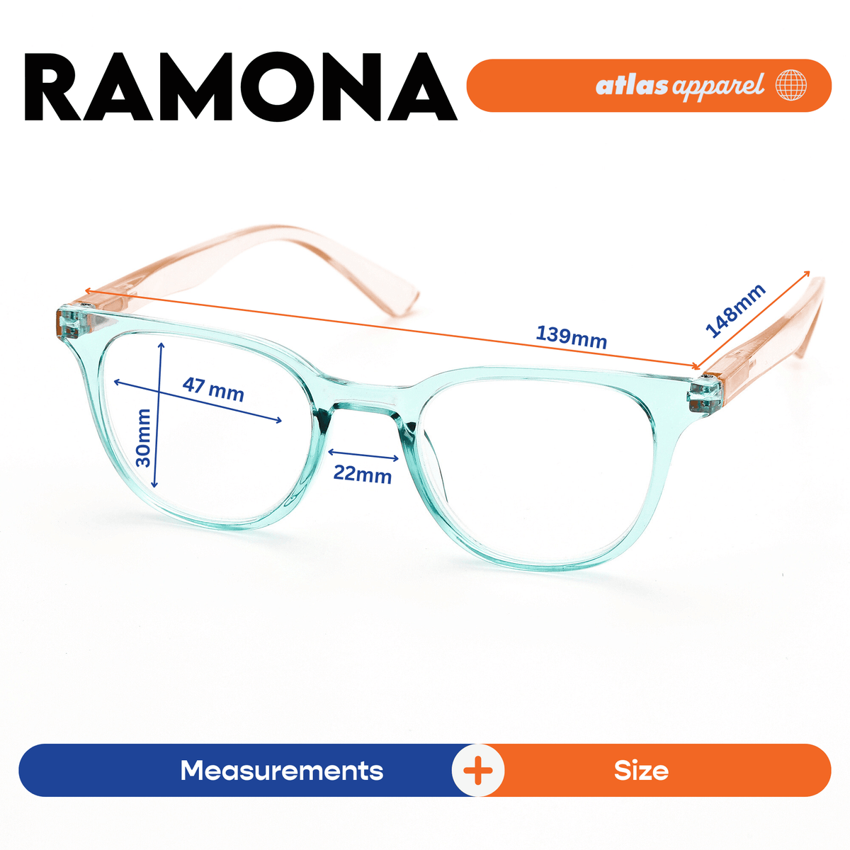 Atlas Apparel RAMONA Reading Glasses for Women, Graded Lenses (Size 48) - Spring Hinge Round Frame