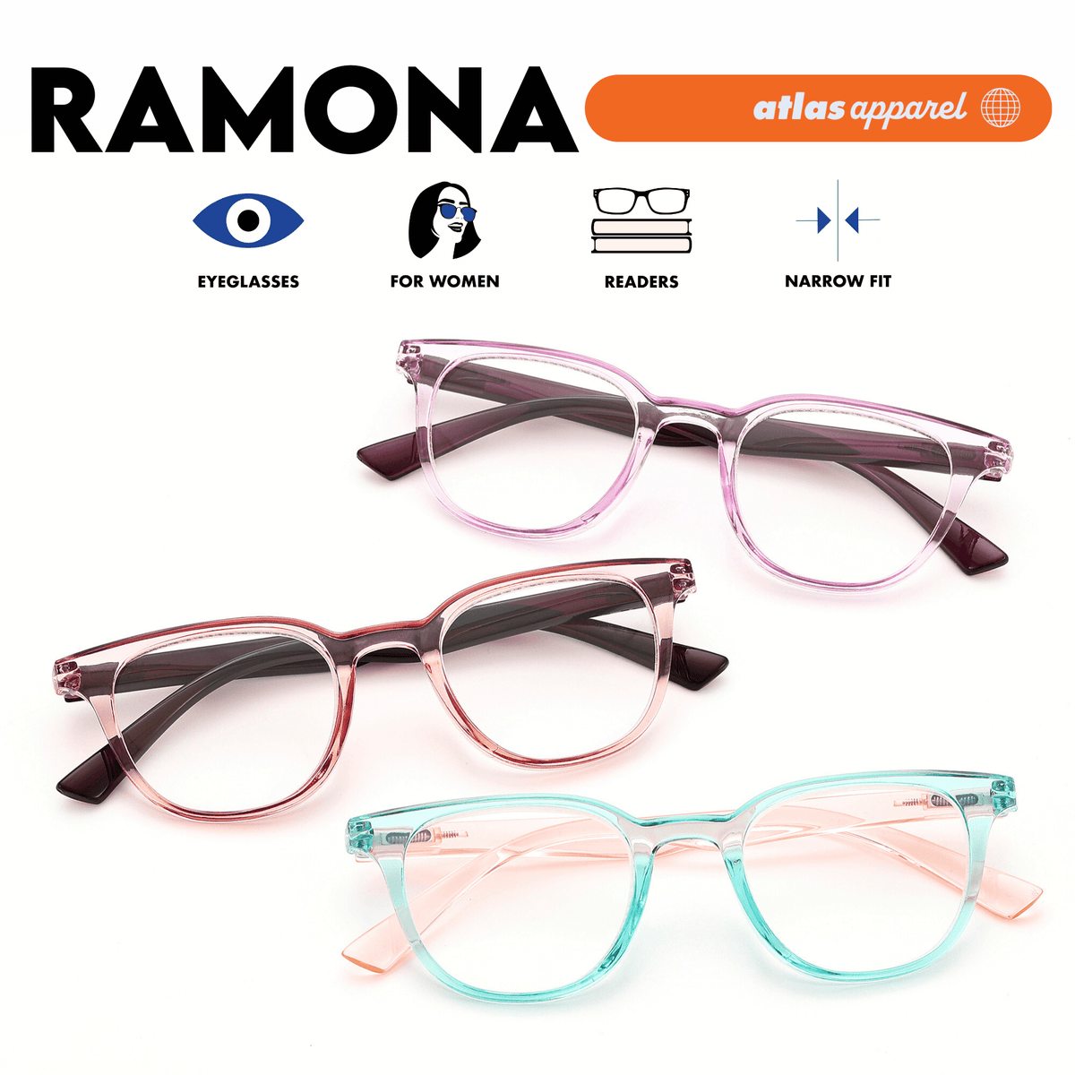 Atlas Apparel RAMONA Reading Glasses for Women, Graded Lenses (Size 48) - Spring Hinge Round Frame