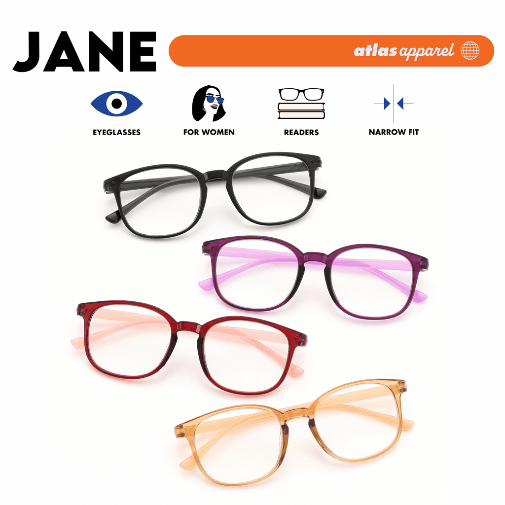 Atlas Apparel JANE Reading Glasses for Women, Graded Lenses (Size 47) - Square Frame, for Oval Face