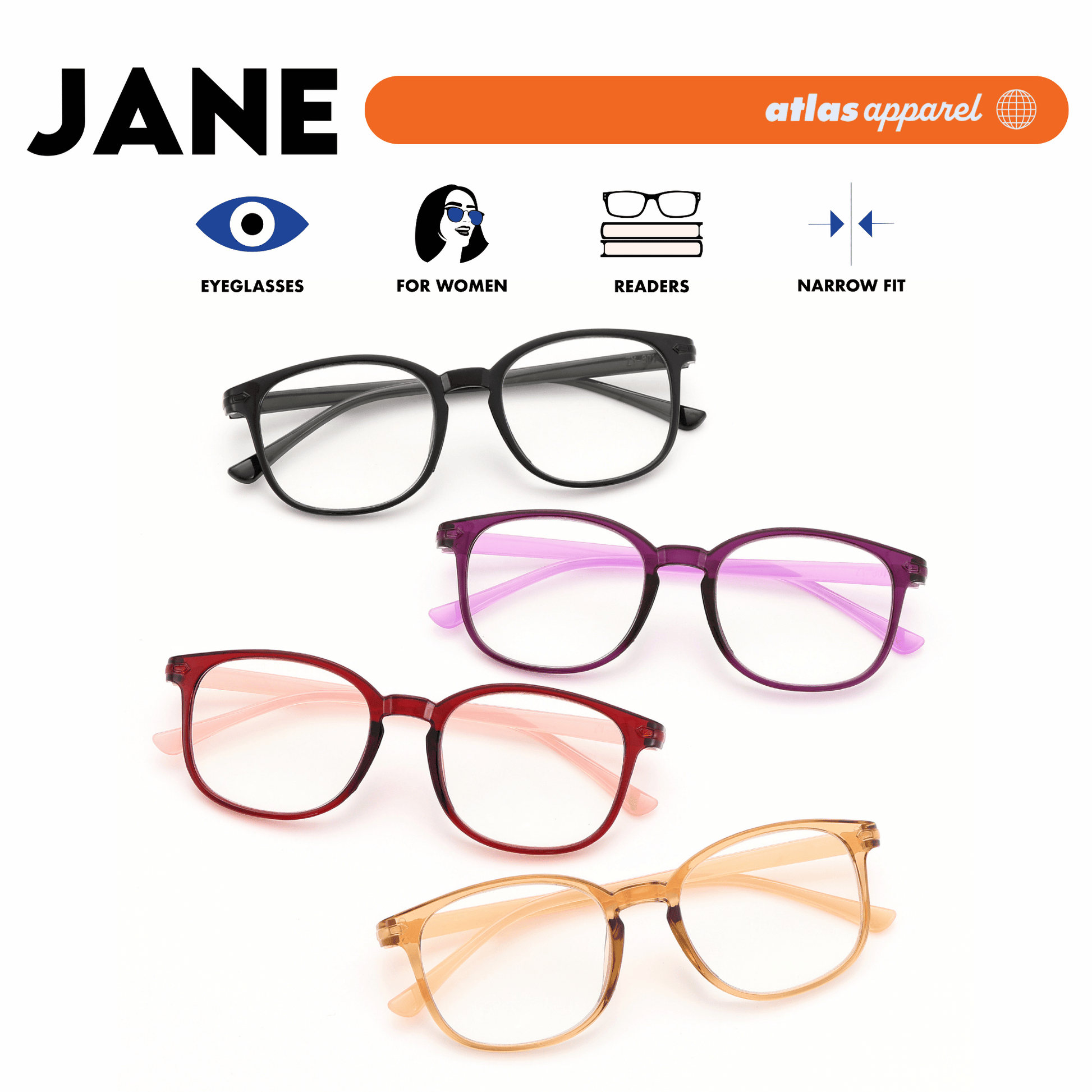 Atlas Apparel JANE Reading Glasses for Women, Graded Lenses (Size 47) - Square Frame, for Oval Face