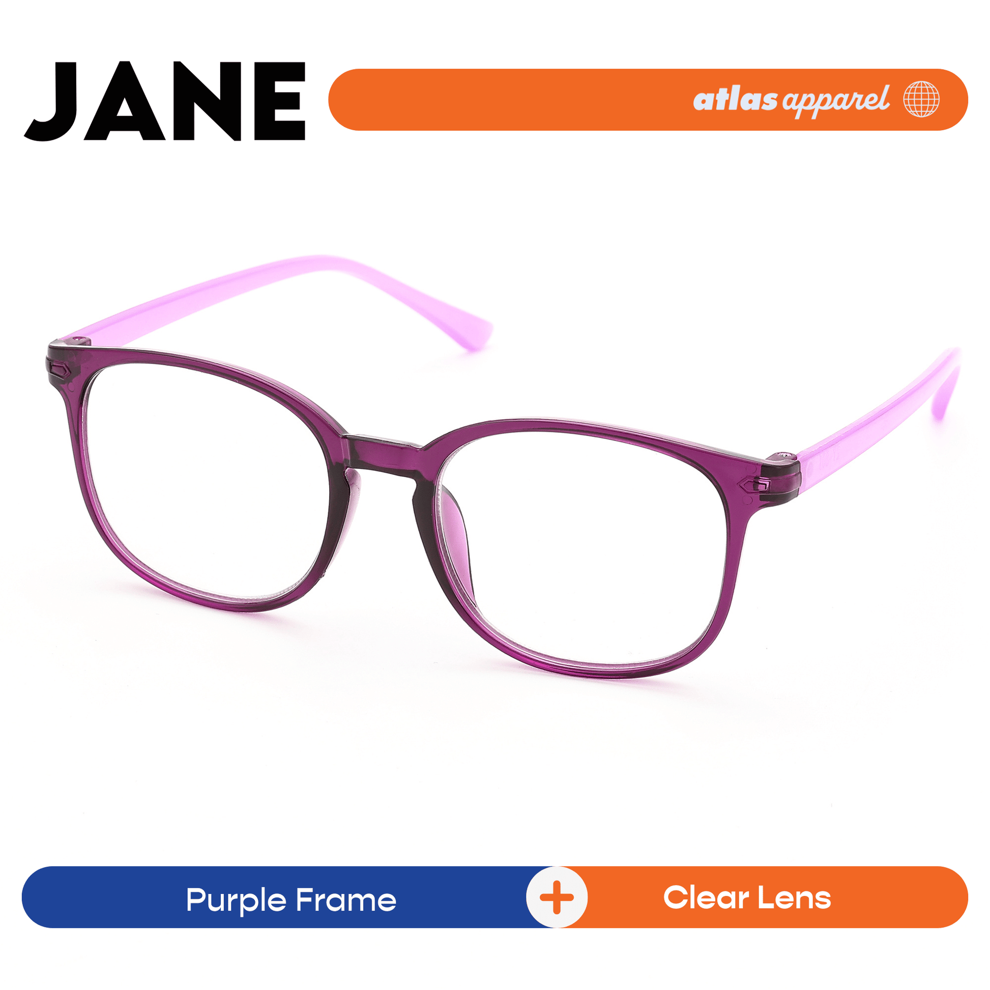 Atlas Apparel JANE Reading Glasses for Women, Graded Lenses (Size 47) - Square Frame, for Oval Face
