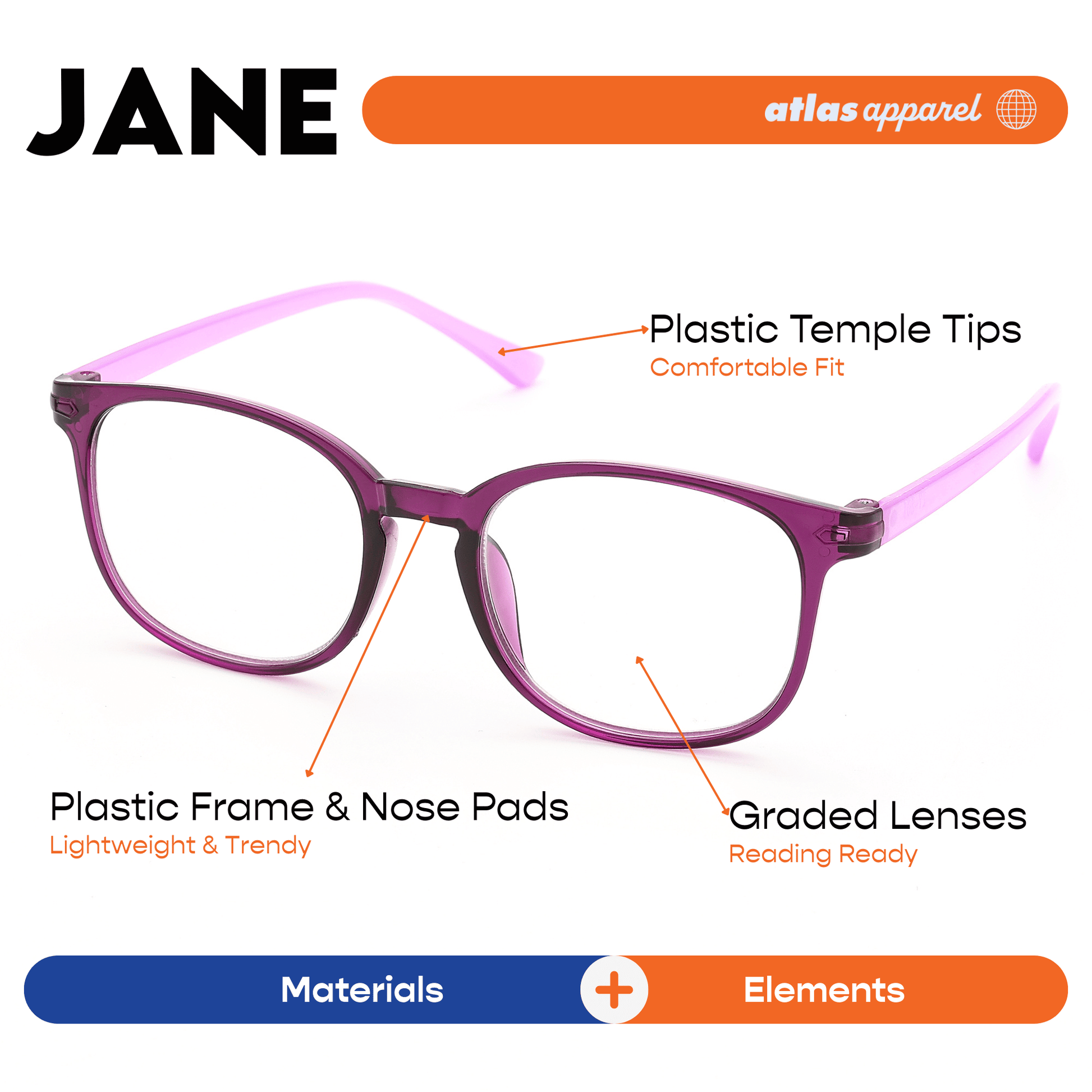 Atlas Apparel JANE Reading Glasses for Women, Graded Lenses (Size 47) - Square Frame, for Oval Face