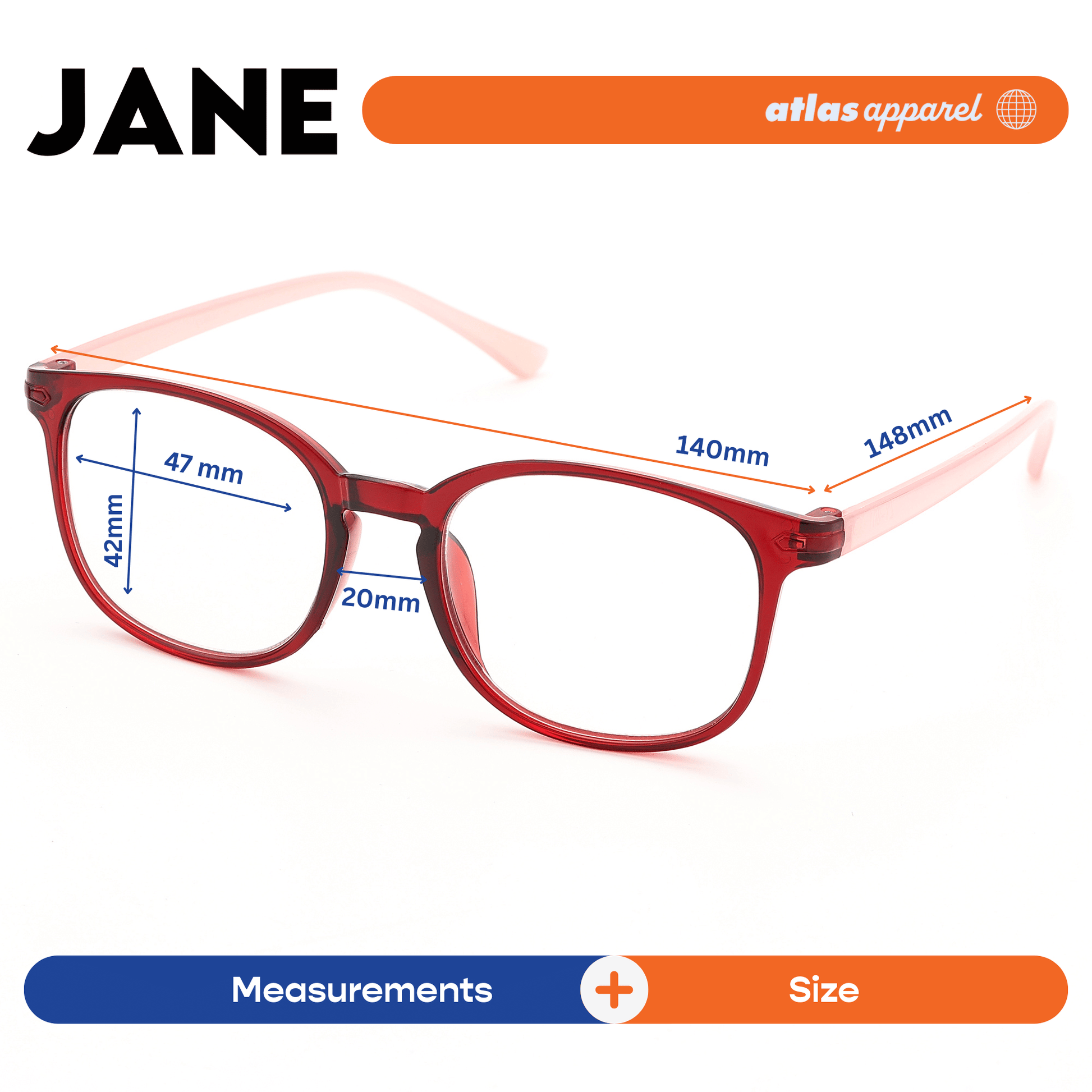 Atlas Apparel JANE Reading Glasses for Women, Graded Lenses (Size 47) - Square Frame, for Oval Face
