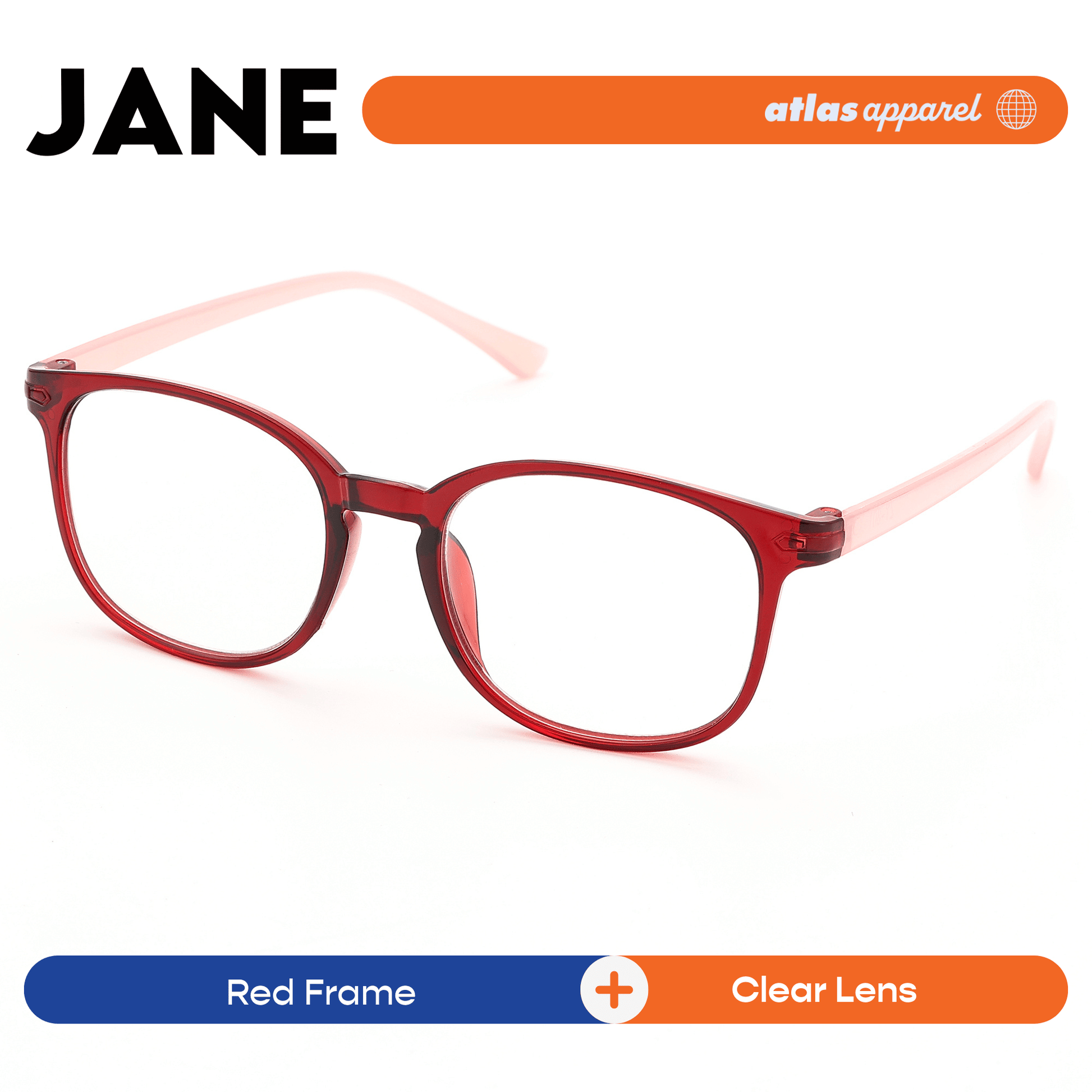 Atlas Apparel JANE Reading Glasses for Women, Graded Lenses (Size 47) - Square Frame, for Oval Face