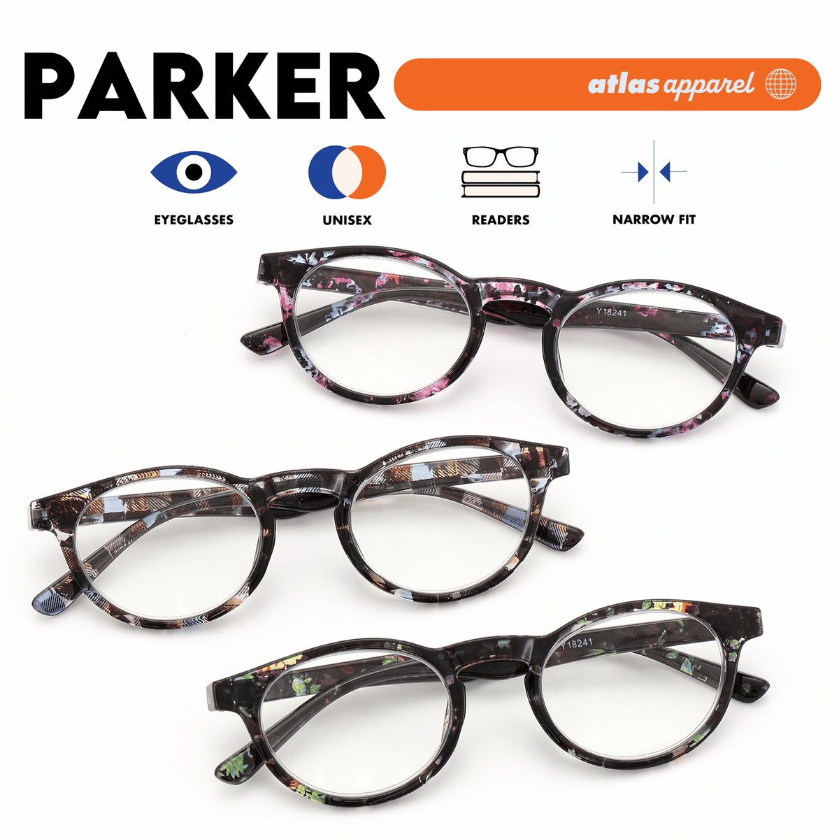 Atlas Apparel PARKER UNISEX Reading Glasses, Graded Lenses (Size 42) - Round Frame, for Diamond Face