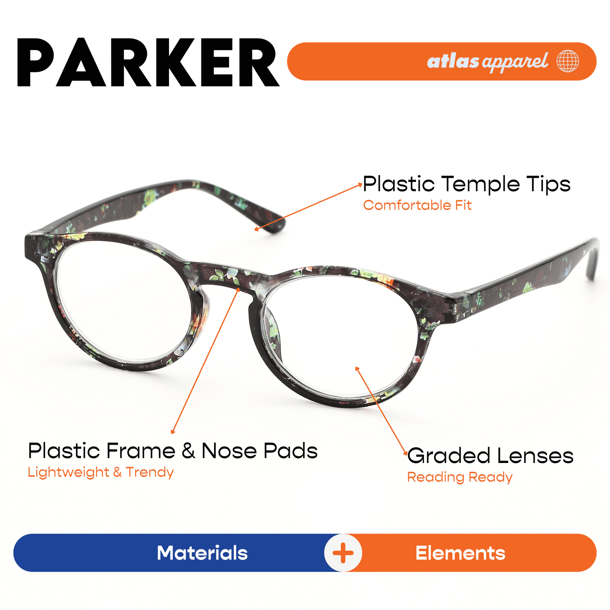Atlas Apparel PARKER UNISEX Reading Glasses, Graded Lenses (Size 42) - Round Frame, for Diamond Face