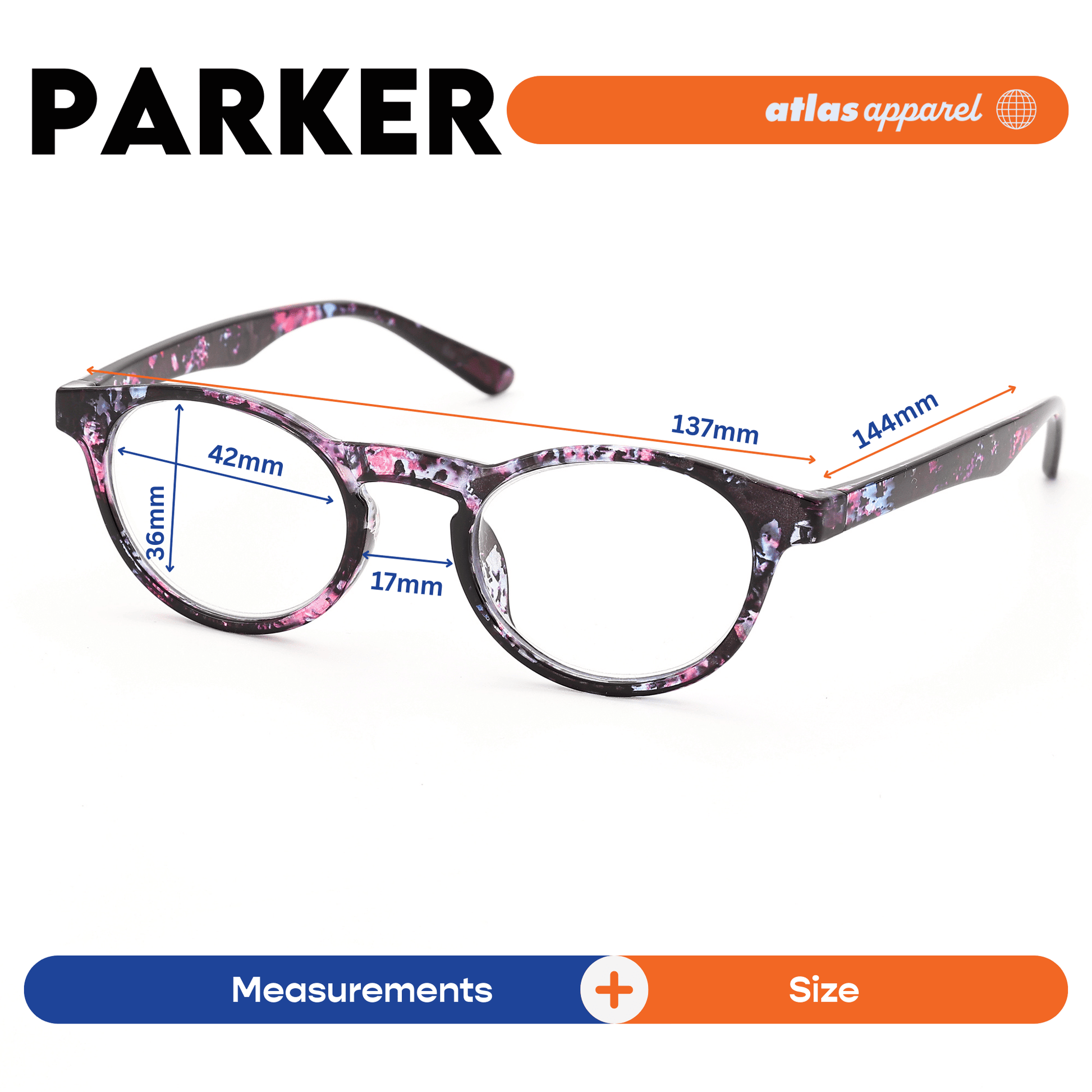 Atlas Apparel PARKER UNISEX Reading Glasses, Graded Lenses (Size 42) - Round Frame, for Diamond Face