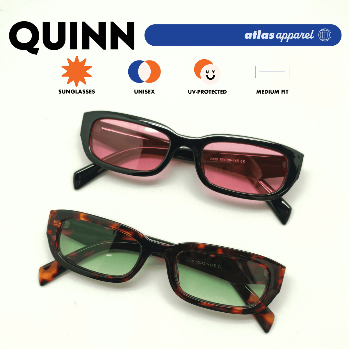 Atlas Apparel QUINN Unisex UV Protected Sunglasses (Size 47) - UV400, Rectangular Frame, for Round Face Shape