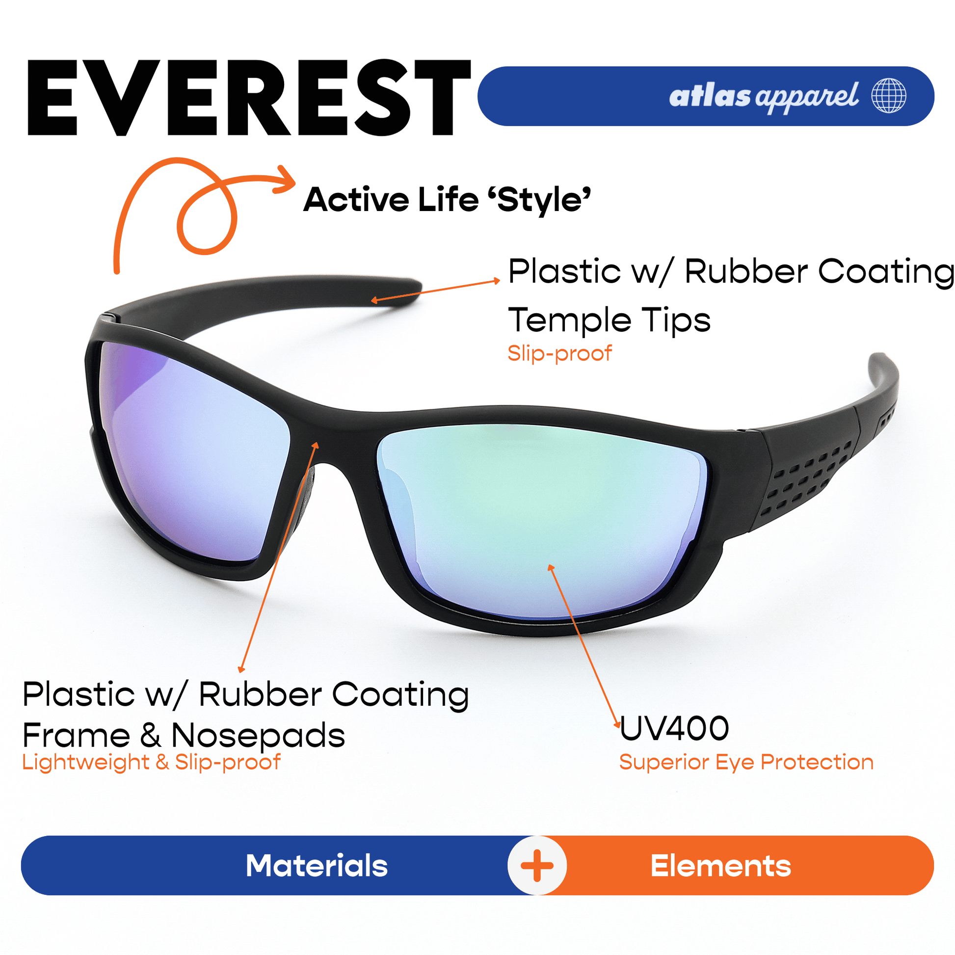 Atlas Apparel EVEREST UV Protected Sunglasses for Men (Size 55) - UV400, Wrap-around Frame, for Oval Face