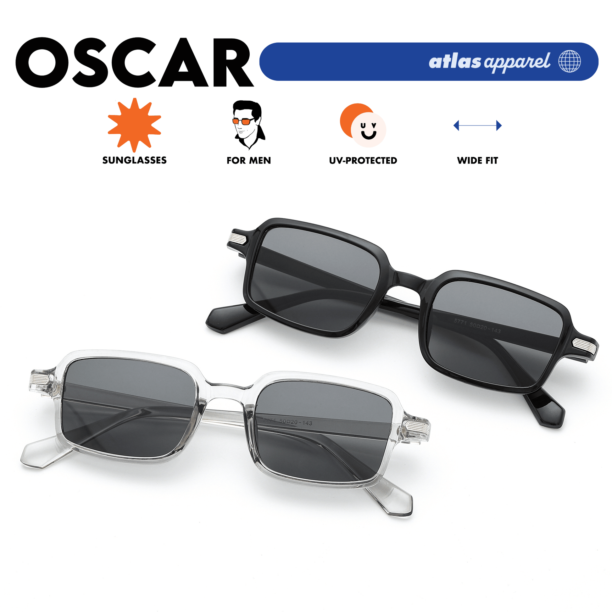 Atlas Apparel OSCAR UV Protected Sunglasses for Men (Size 45) - UV400, Square Frame, for Round Face