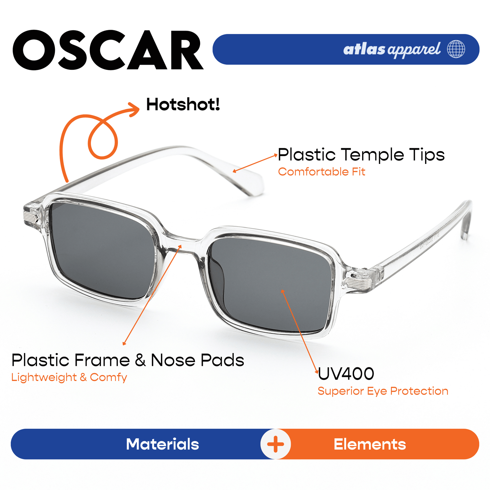 Atlas Apparel OSCAR UV Protected Sunglasses for Men (Size 45) - UV400, Square Frame, for Round Face