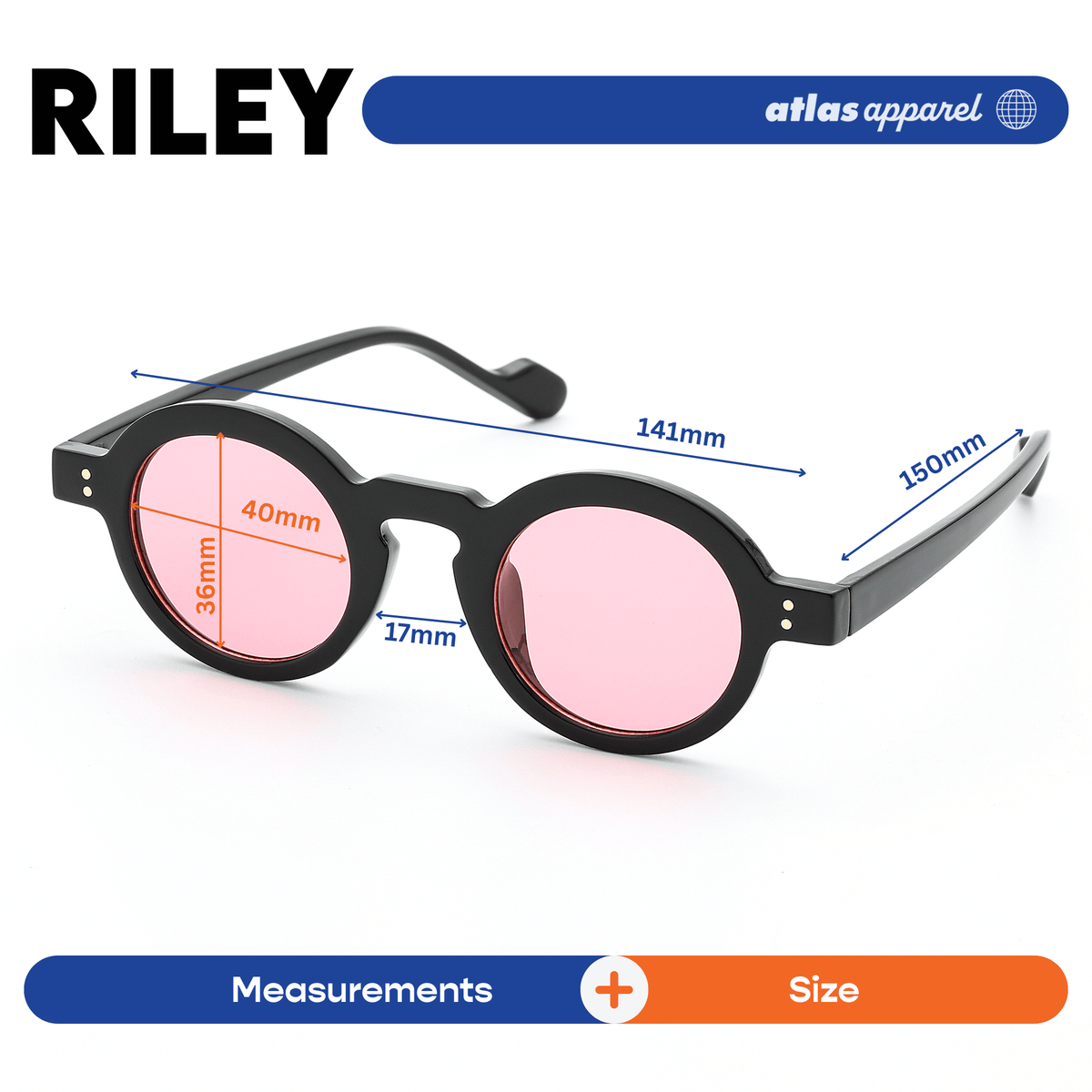 Atlas Apparel RILEY Unisex UV Protected Tinted Sunglasses (Size 40) - UV400, Round Frame, for Square Face Shape