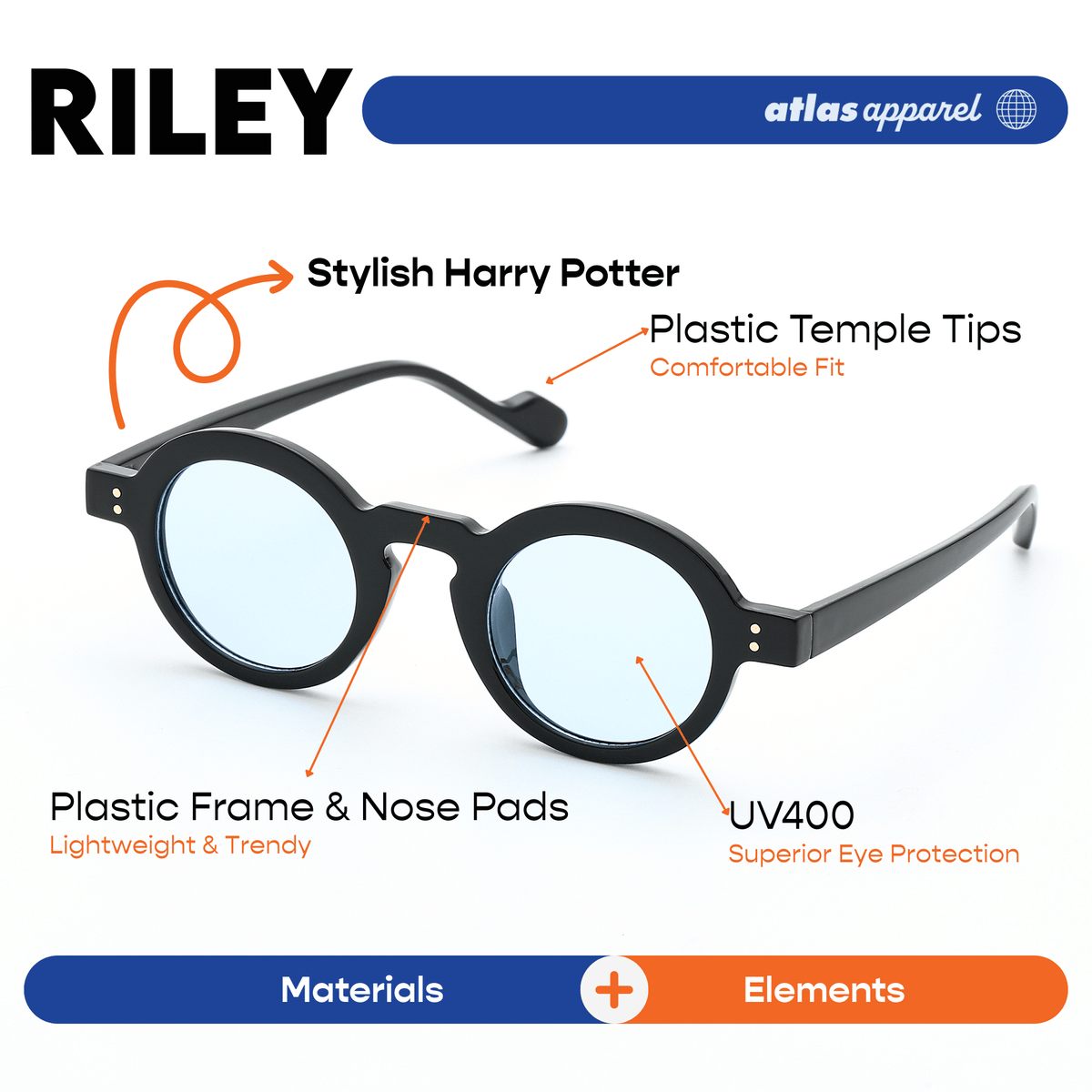 Atlas Apparel RILEY Unisex UV Protected Tinted Sunglasses (Size 40) - UV400, Round Frame, for Square Face Shape