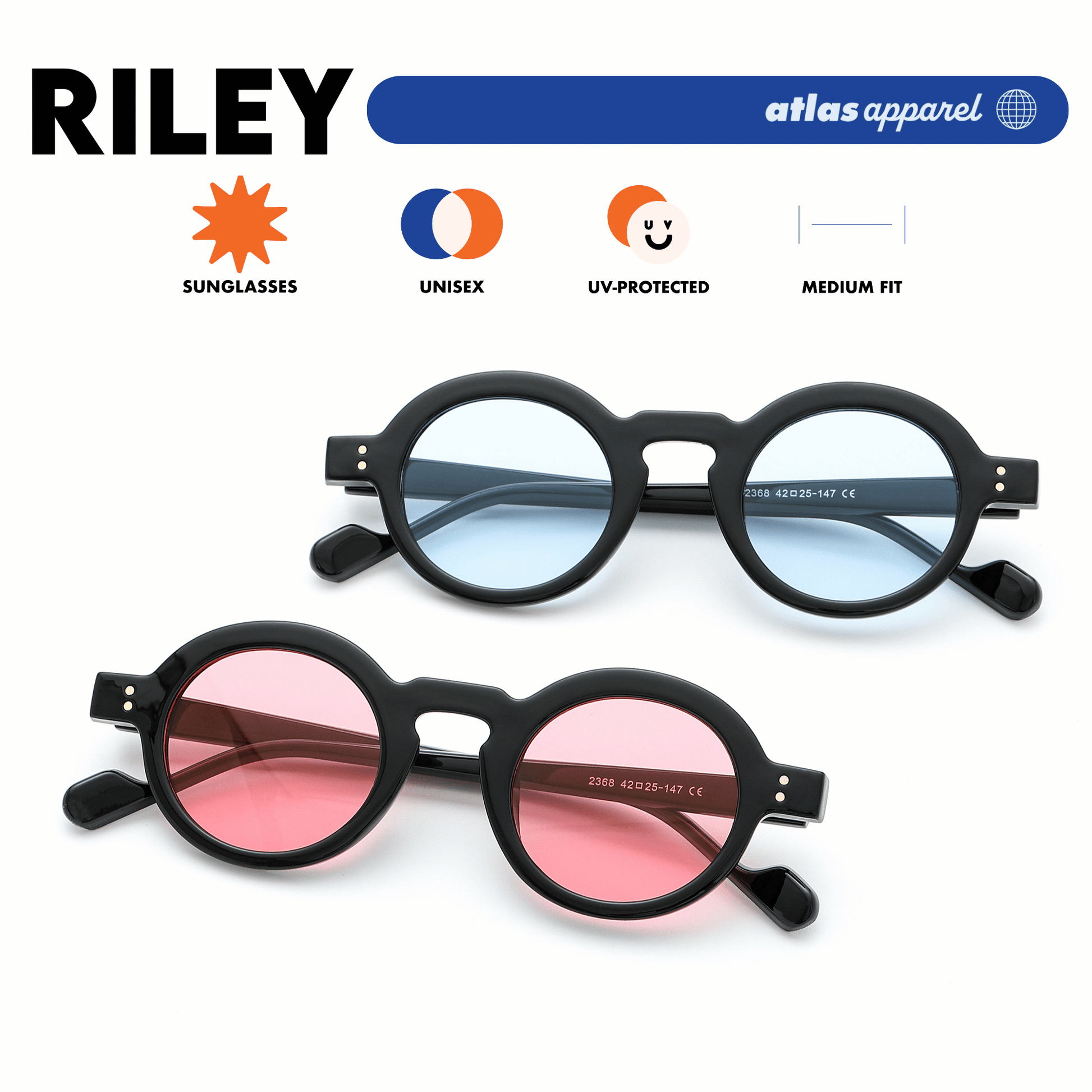 Atlas Apparel RILEY Unisex UV Protected Tinted Sunglasses (Size 40) - UV400, Round Frame, for Square Face Shape