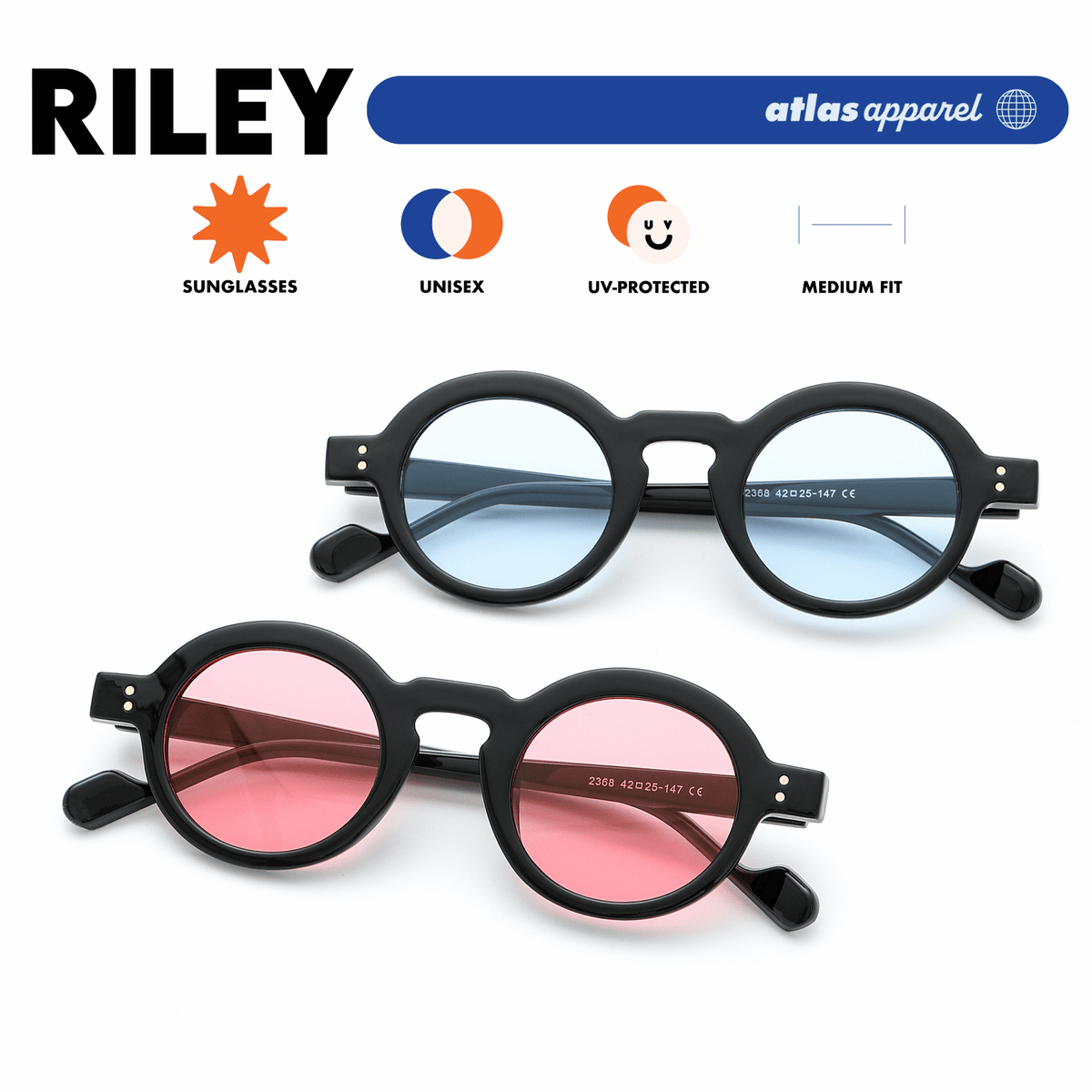 Atlas Apparel RILEY Unisex UV Protected Tinted Sunglasses (Size 40) - UV400, Round Frame, for Square Face Shape
