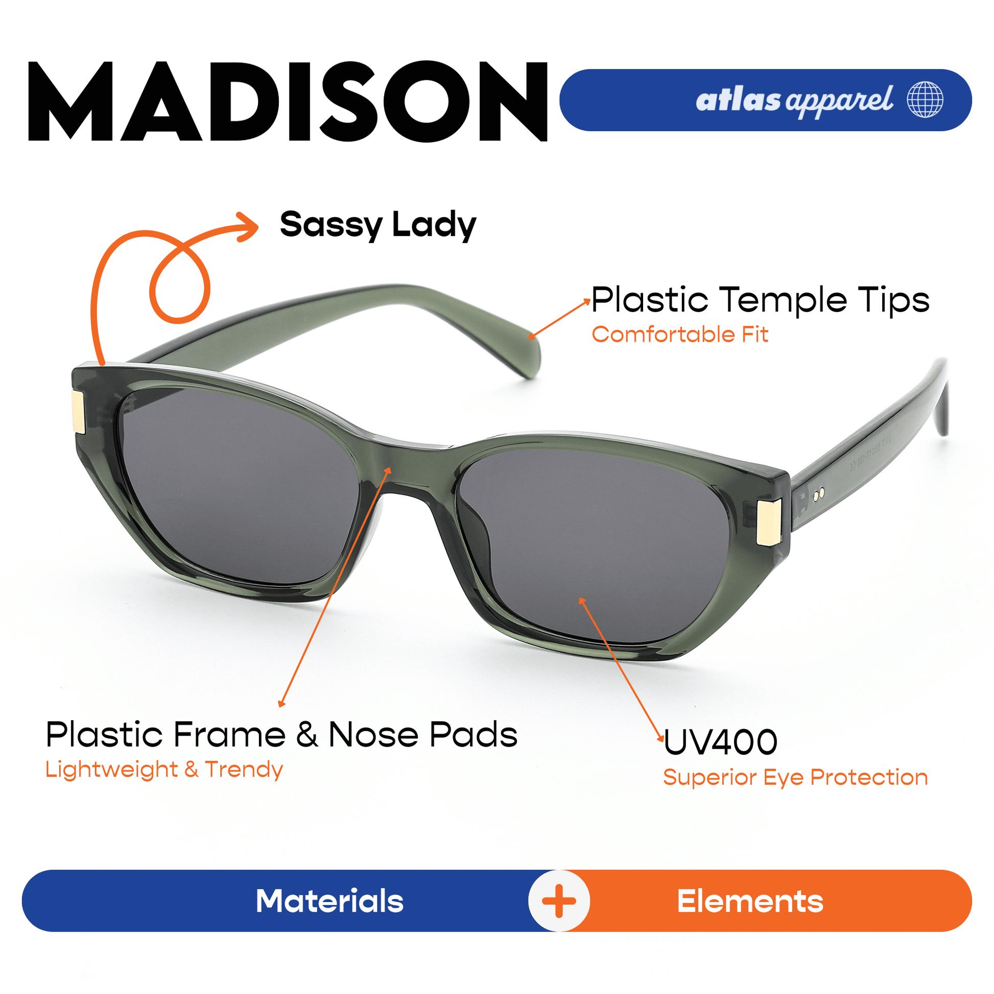 Atlas Apparel MADISON UV Protected Sunglasses for Women (Size 47) - UV400,Cat-eye Frame,for Oval Face