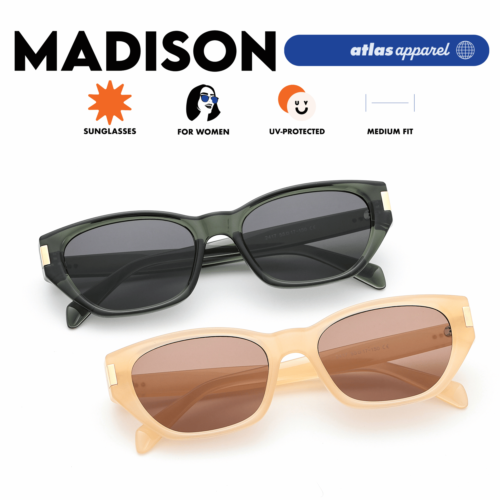 Atlas Apparel MADISON UV Protected Sunglasses for Women (Size 47) - UV400,Cat-eye Frame,for Oval Face