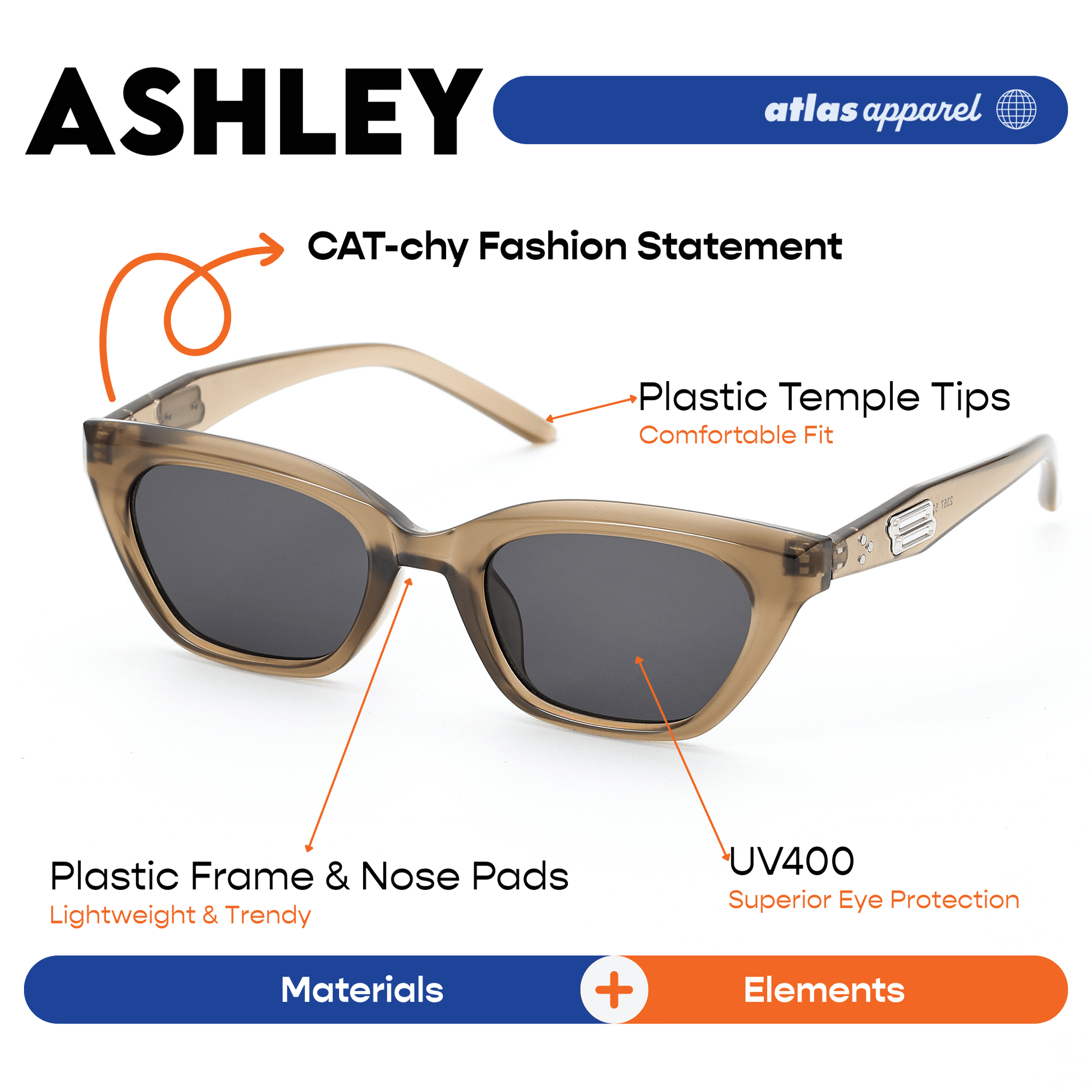 Atlas Apparel ASHLEY UV Protected Sunglasses for Women (Size 46) - UV400,Cat-eye Frame,for Oval Face