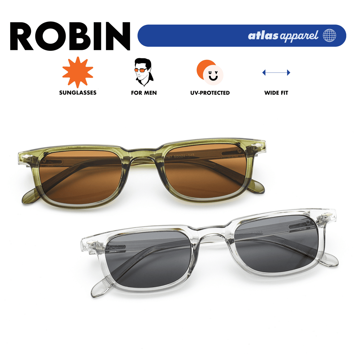 Atlas Apparel ROBIN UV Protected Sunglasses for Men (Size 45) - UV400, Rectangular Frame,for Round Face