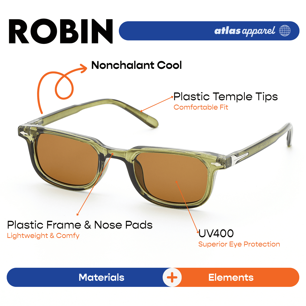 Atlas Apparel ROBIN UV Protected Sunglasses for Men (Size 45) - UV400, Rectangular Frame,for Round Face