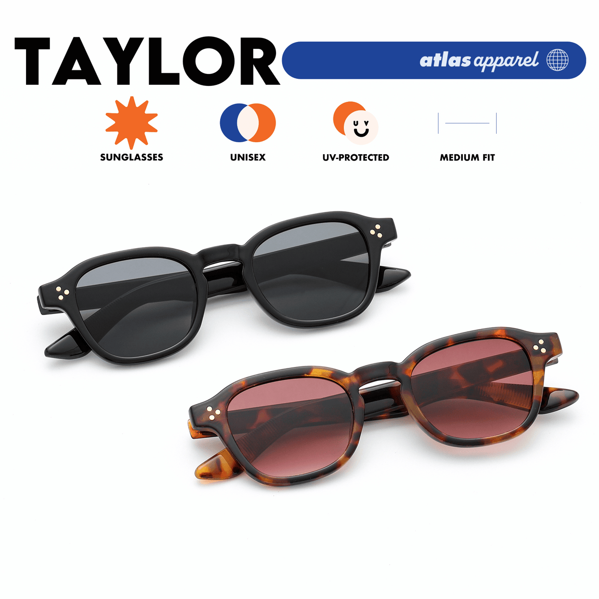 Atlas Apparel TAYLOR UNISEX UV Protected Sunglasses (Size 40) - UV400, Square Frame, for Round Face Shape