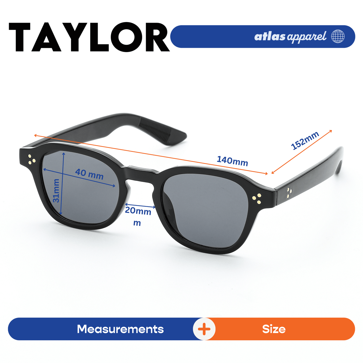 Atlas Apparel TAYLOR UNISEX UV Protected Sunglasses (Size 40) - UV400, Square Frame, for Round Face Shape