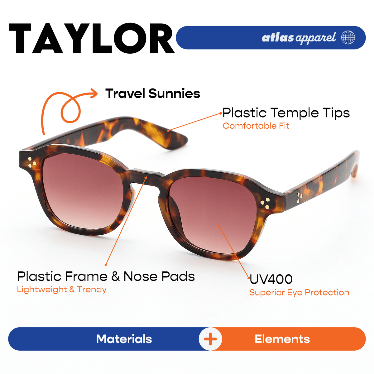 Atlas Apparel TAYLOR UNISEX UV Protected Sunglasses (Size 40) - UV400, Square Frame, for Round Face Shape