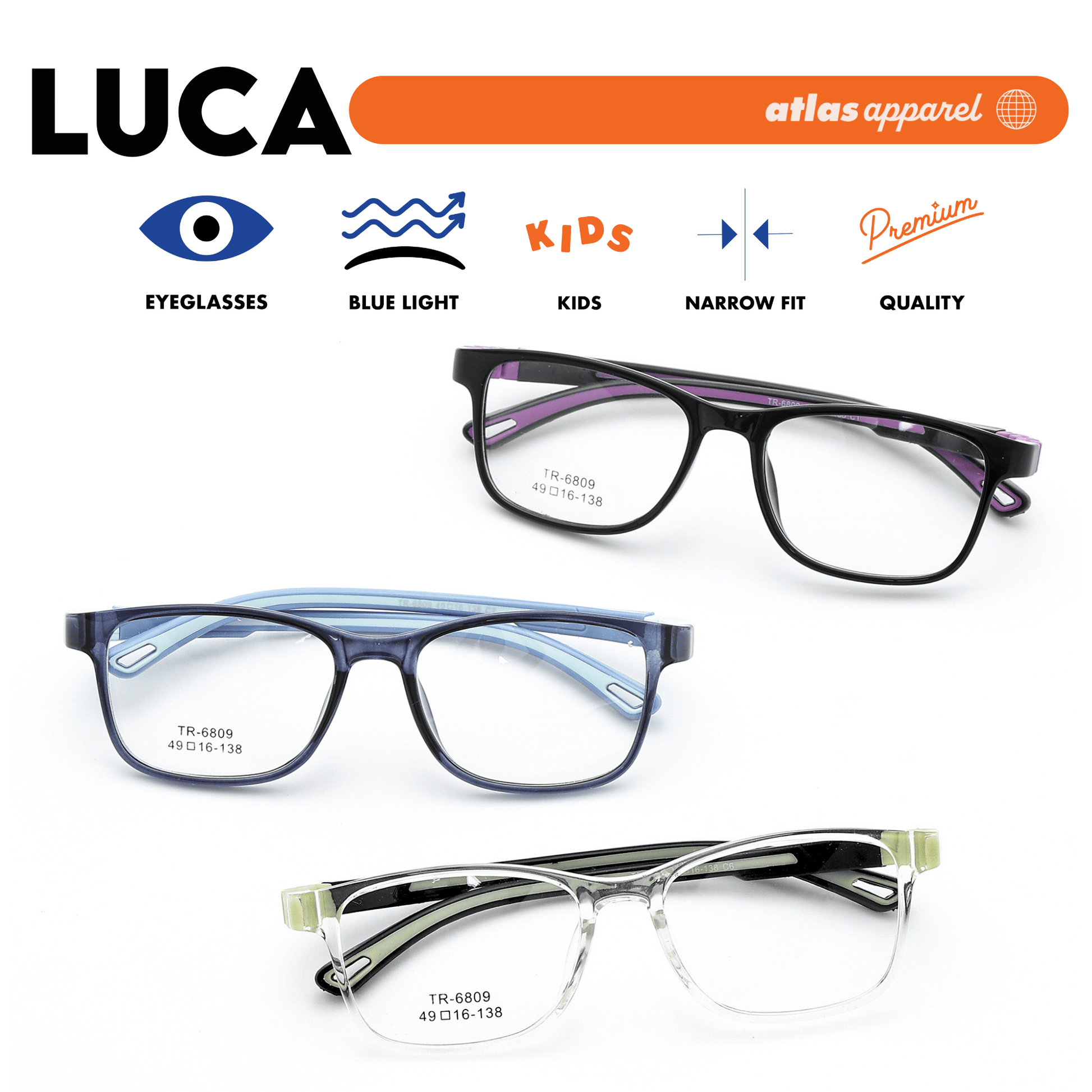 Atlas Apparel LUCA Premium Kids Eyeglasses (Size 43) - Square Frame