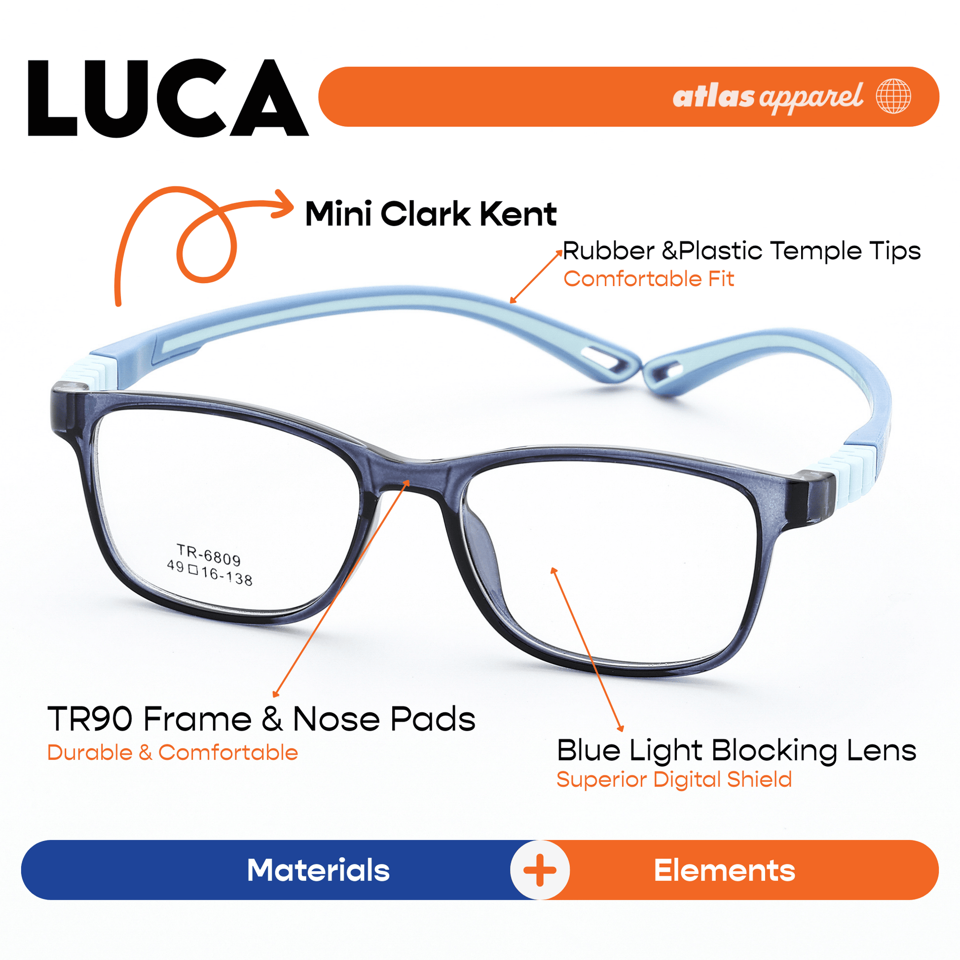 Atlas Apparel LUCA Premium Kids Eyeglasses (Size 43) - Square Frame