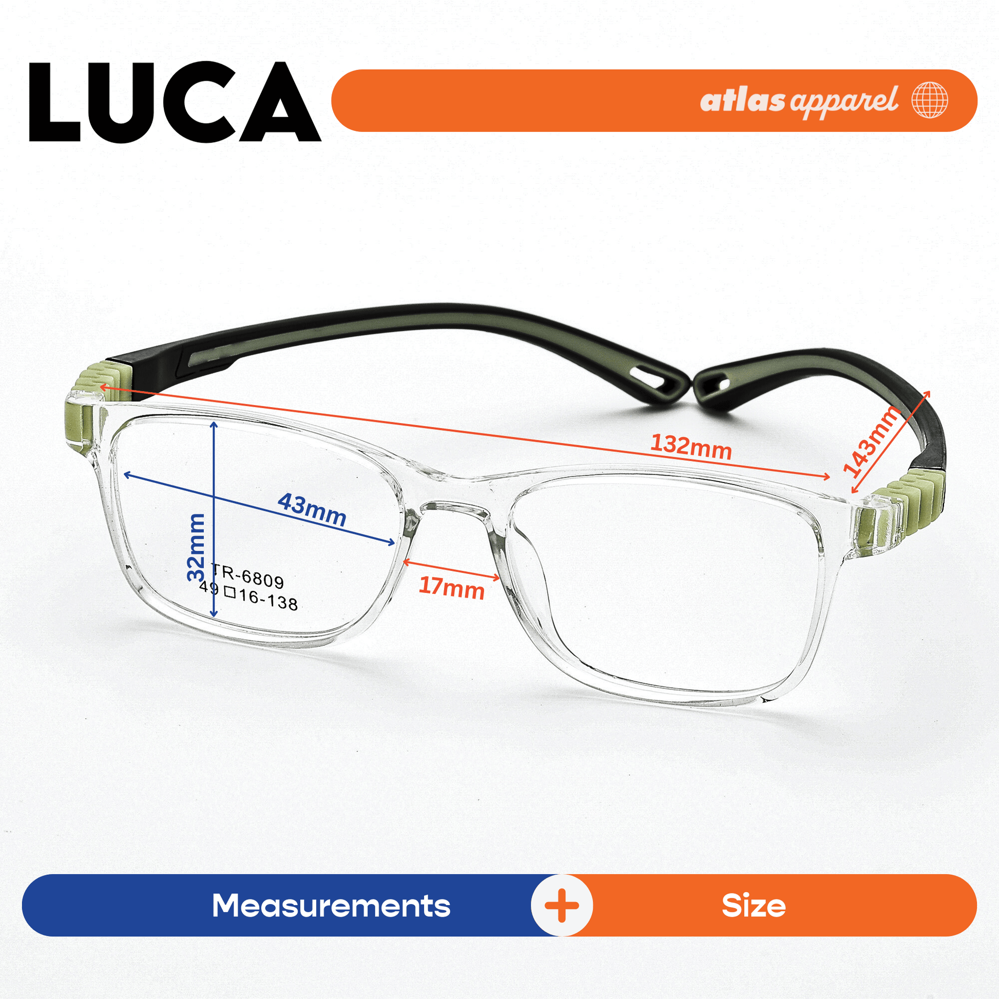 Atlas Apparel LUCA Premium Kids Eyeglasses (Size 43) - Square Frame