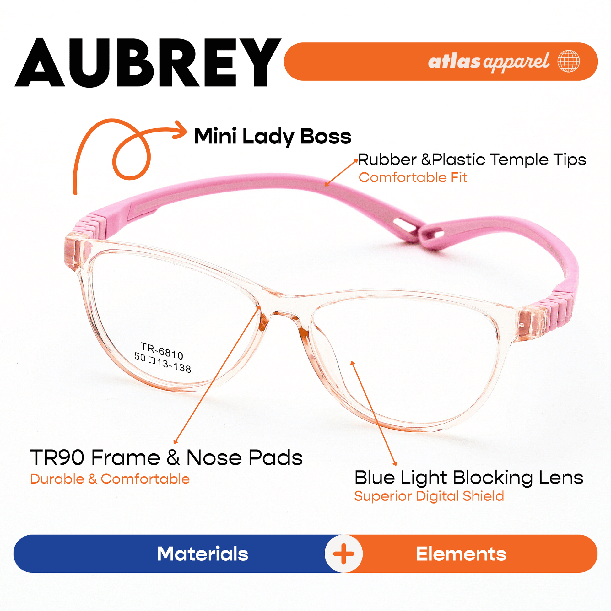 Atlas Apparel AUBREY Premium Kids Eyeglasses (Size 43) - Cat-eye Frame