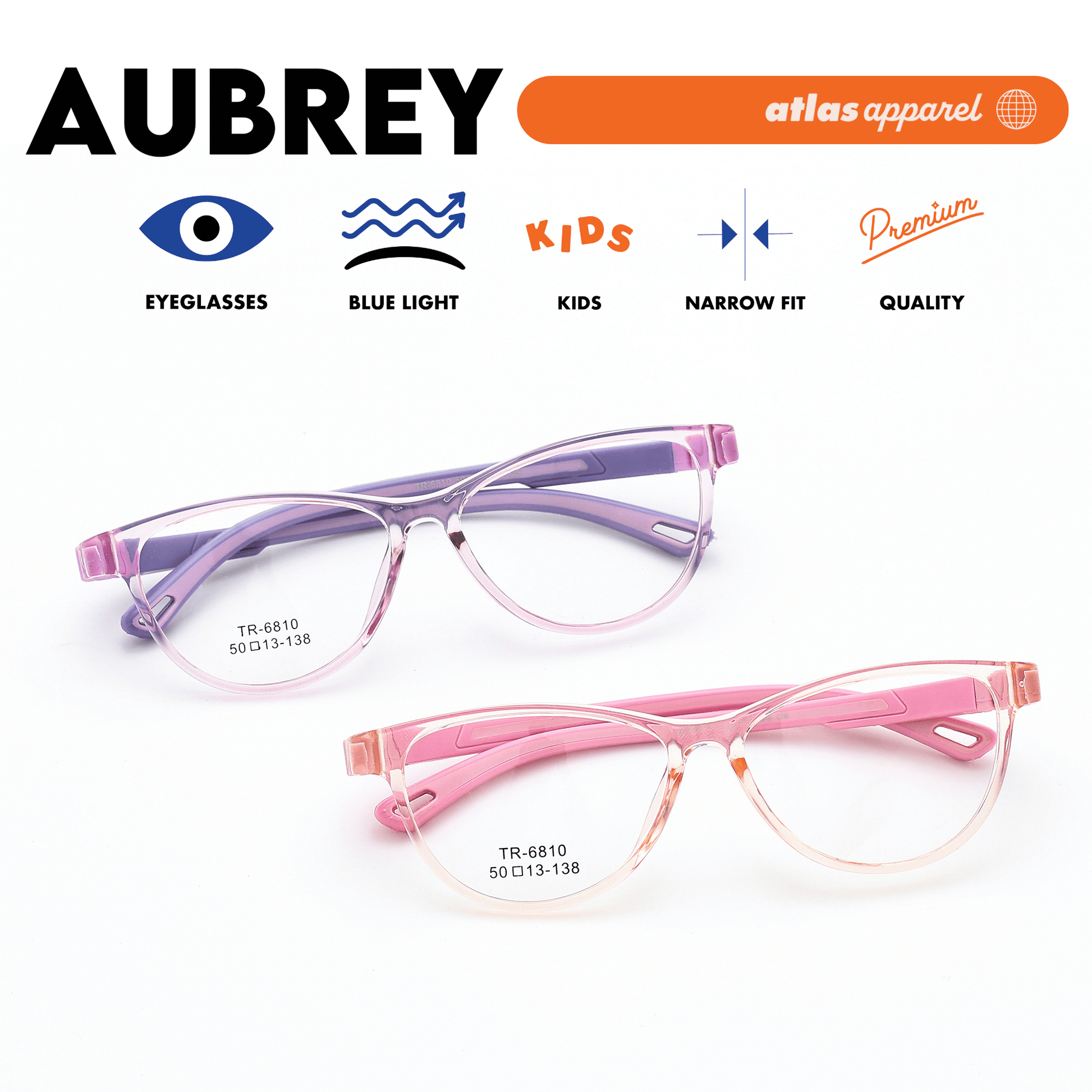 Atlas Apparel AUBREY Premium Kids Eyeglasses (Size 43) - Cat-eye Frame