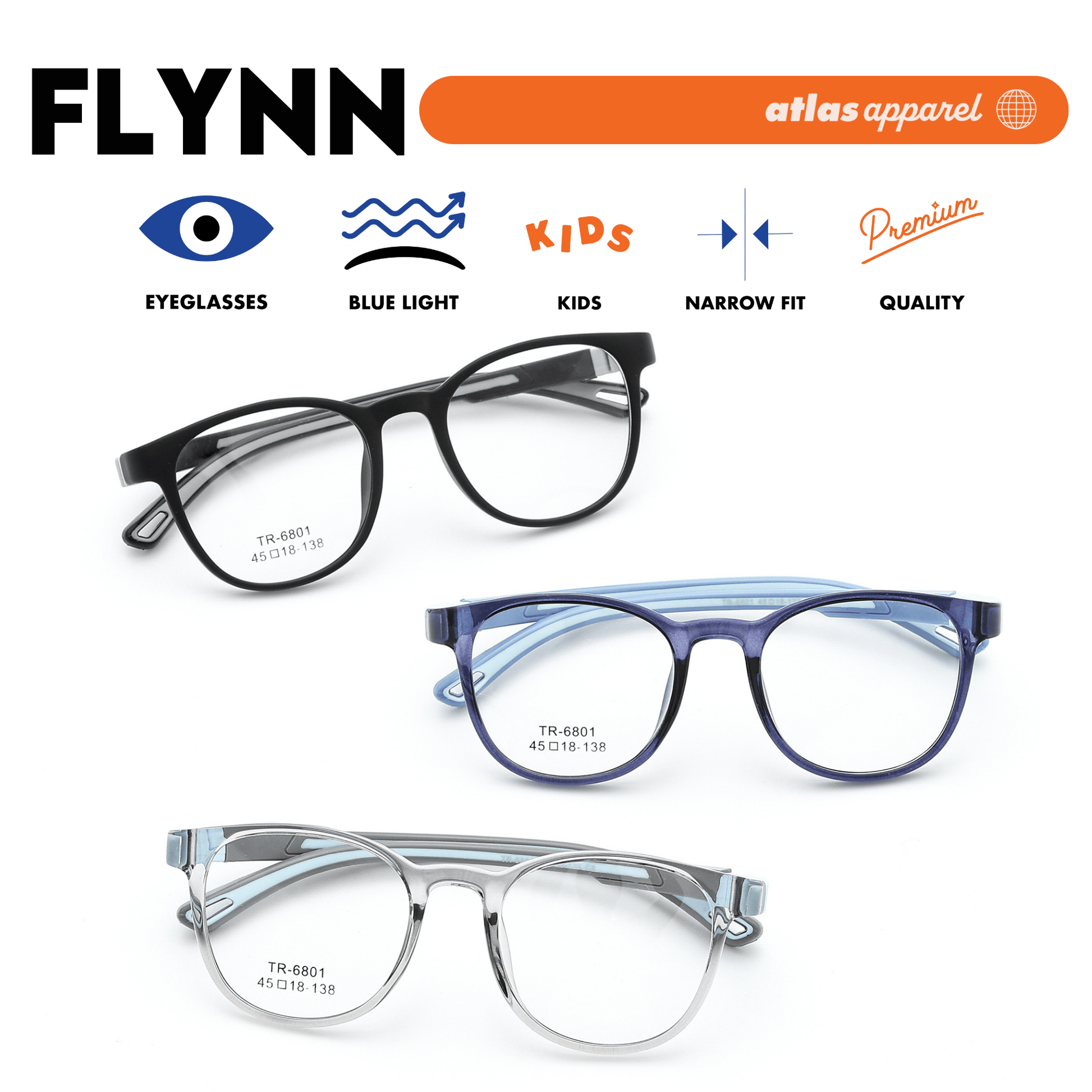 Atlas Apparel FLYNN Premium Kids Eyeglasses (Size 40) - Round Frame