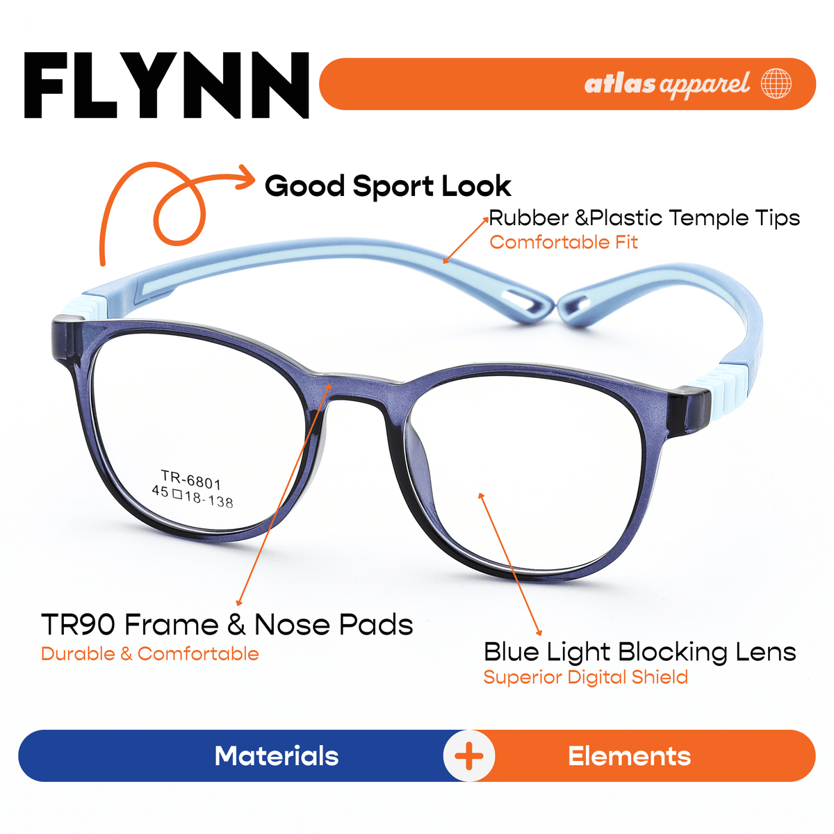 Atlas Apparel FLYNN Premium Kids Eyeglasses (Size 40) - Round Frame