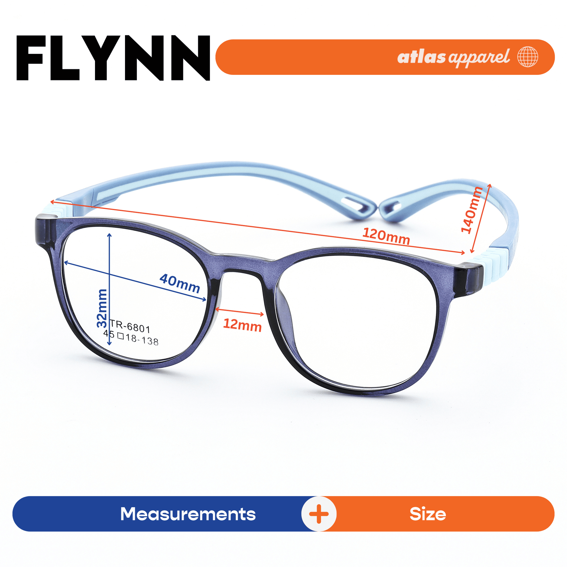 Atlas Apparel FLYNN Premium Kids Eyeglasses (Size 40) - Round Frame