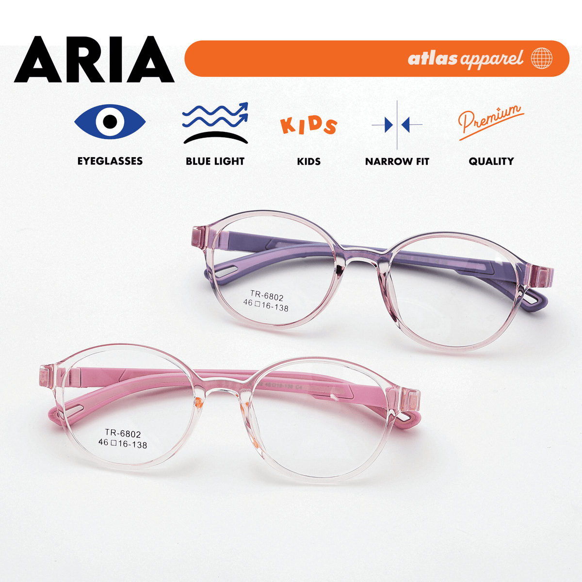 Atlas Apparel ARIA Premium Kids Eyeglasses (Size 42) - Round Frame