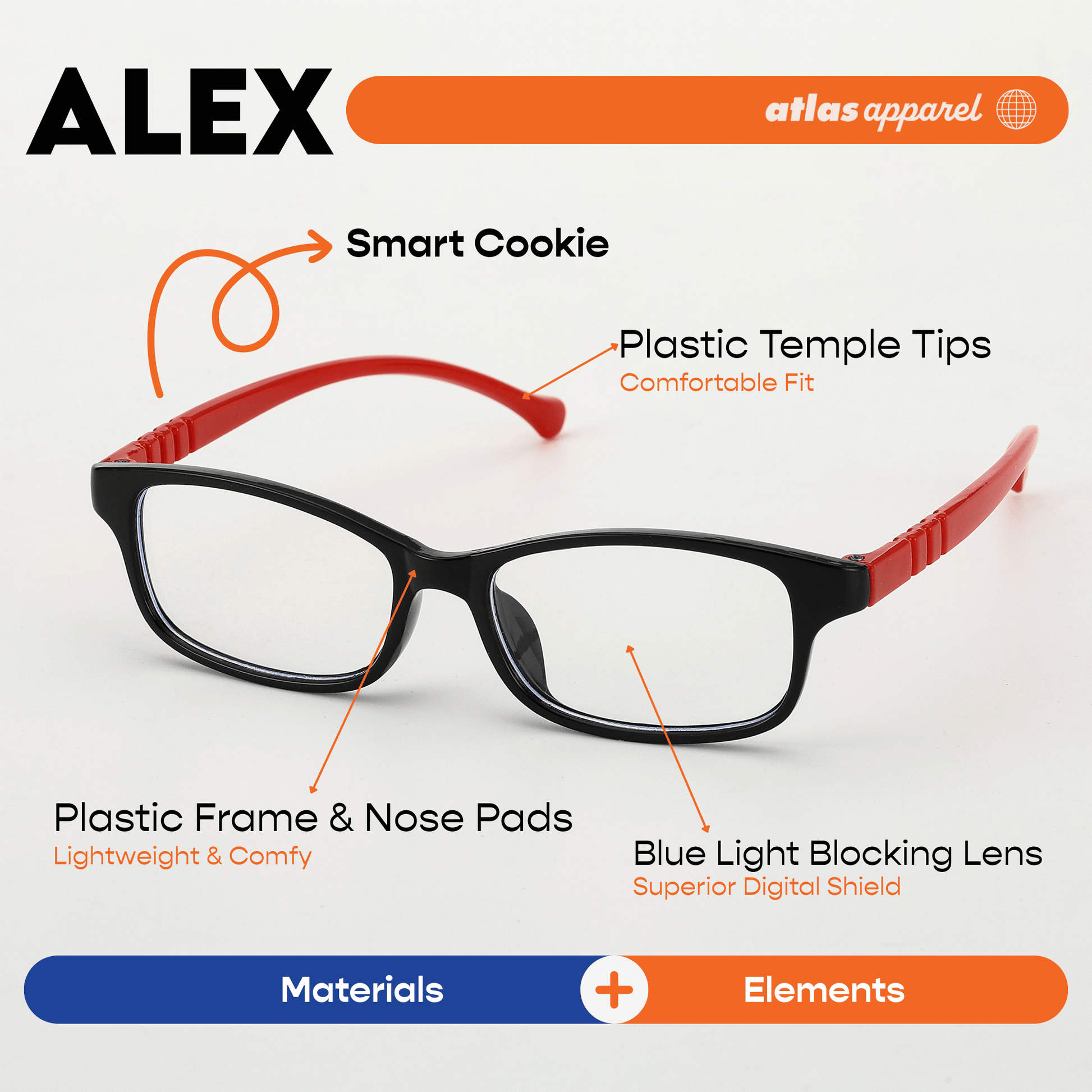 Atlas Apparel ALEX Blue Light Blocking Anti-Radiation Eyeglasses for Kids / Pre-Teens (Size 42) - Rectangular Frame