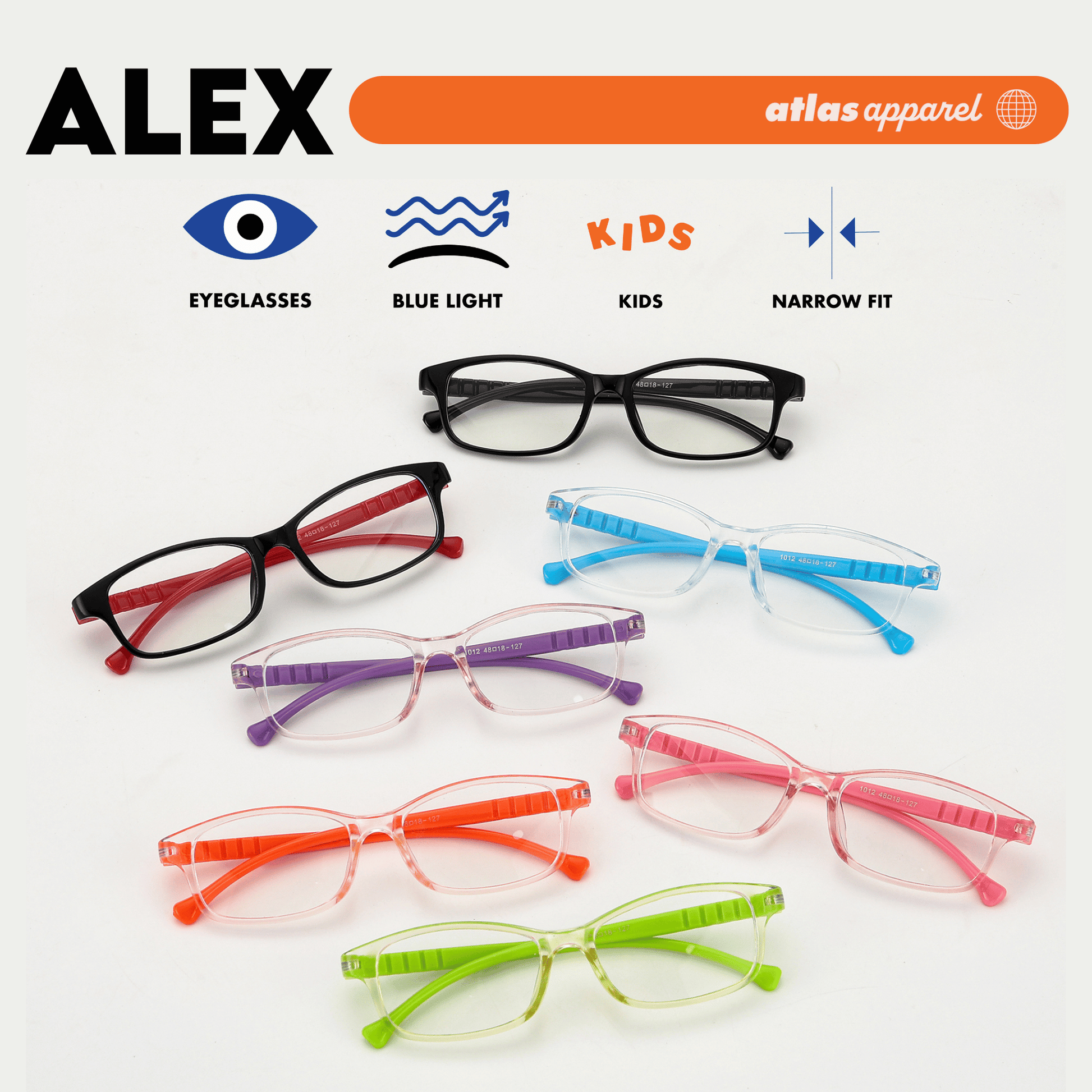 Atlas Apparel ALEX Blue Light Blocking Anti-Radiation Eyeglasses for Kids / Pre-Teens (Size 42) - Rectangular Frame