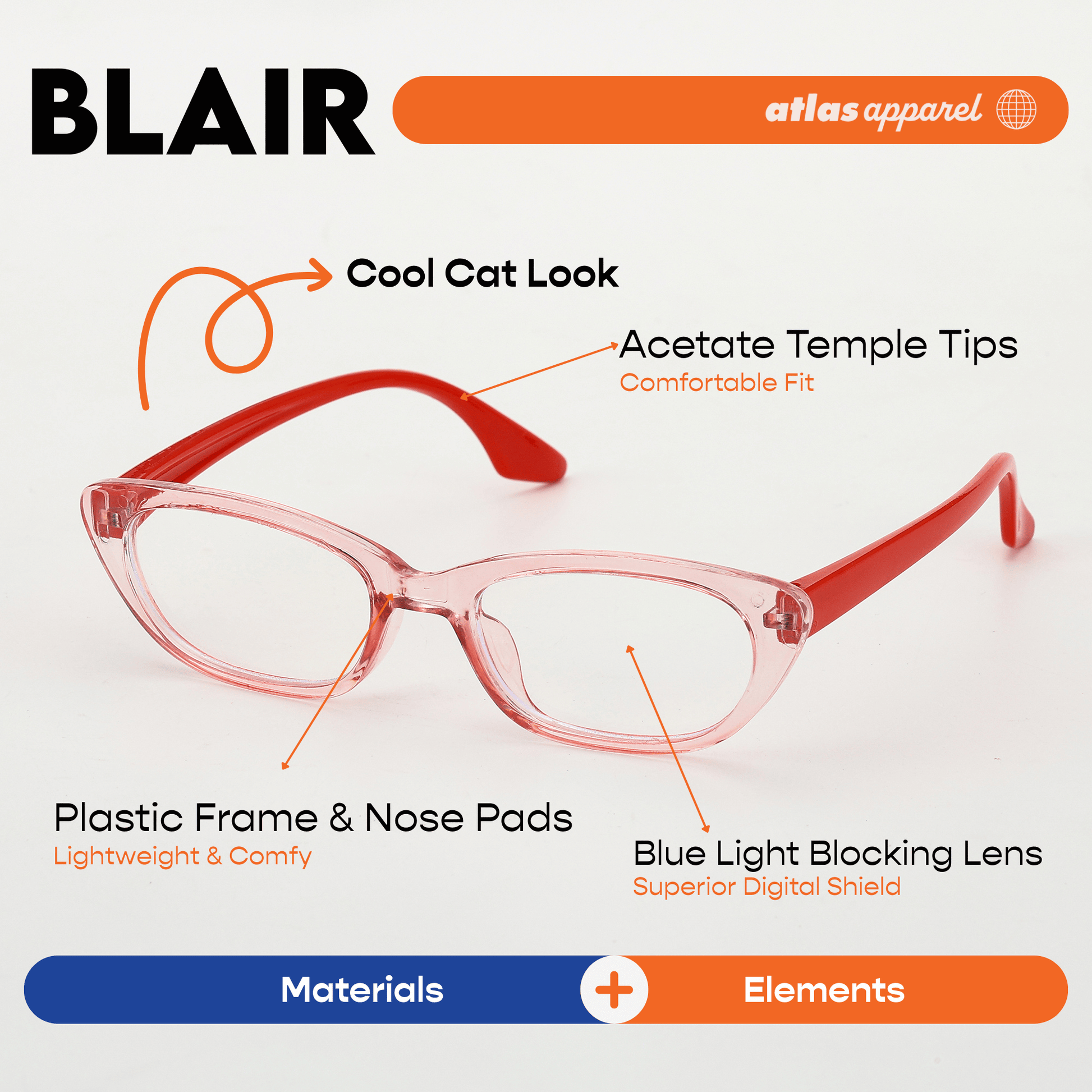 Atlas Apparel BLAIR Blue Light Blocking Anti-Radiation Eyeglasses for Kids / Pre-Teens (Size 43) - Cat-eye Frame