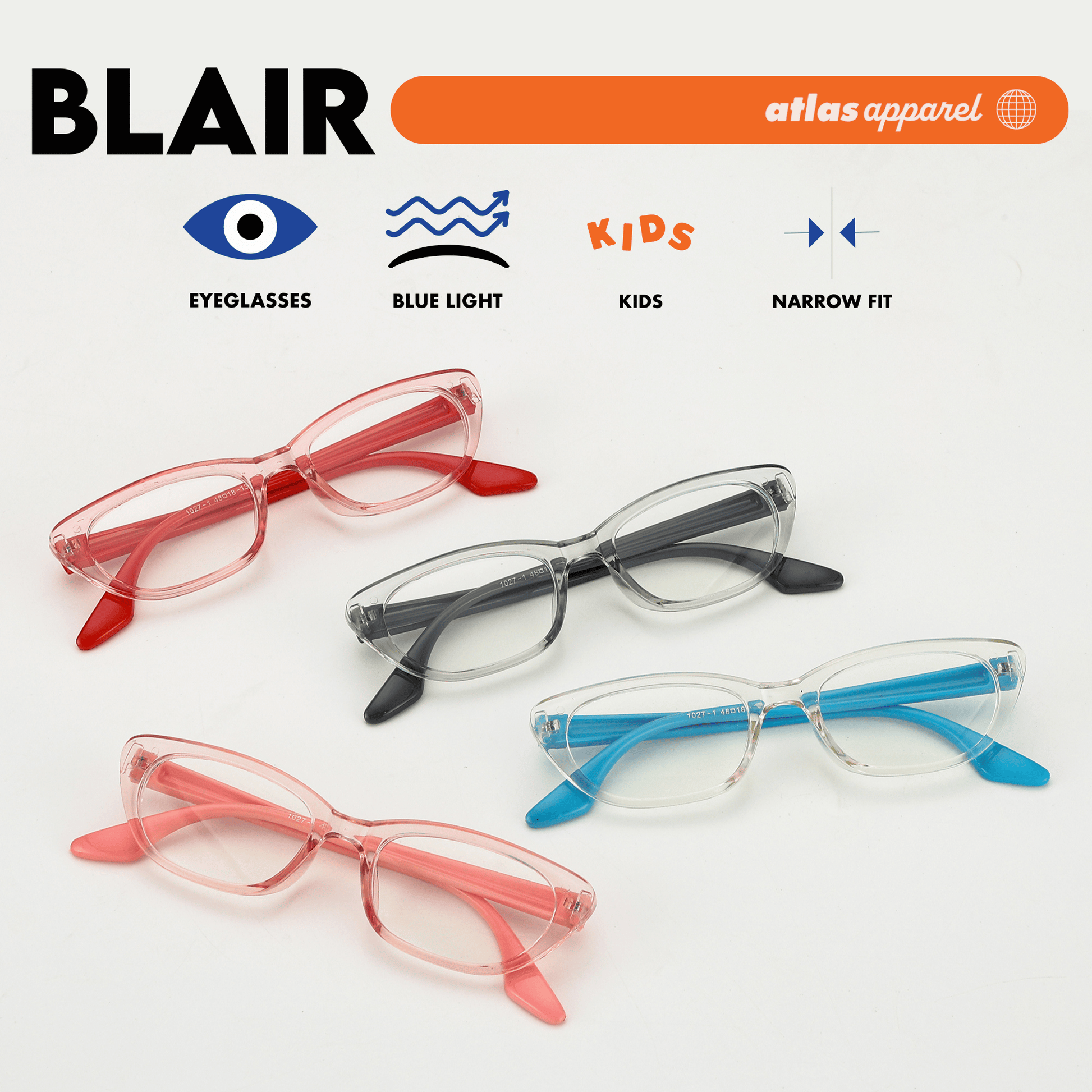 Atlas Apparel BLAIR Blue Light Blocking Anti-Radiation Eyeglasses for Kids / Pre-Teens (Size 43) - Cat-eye Frame