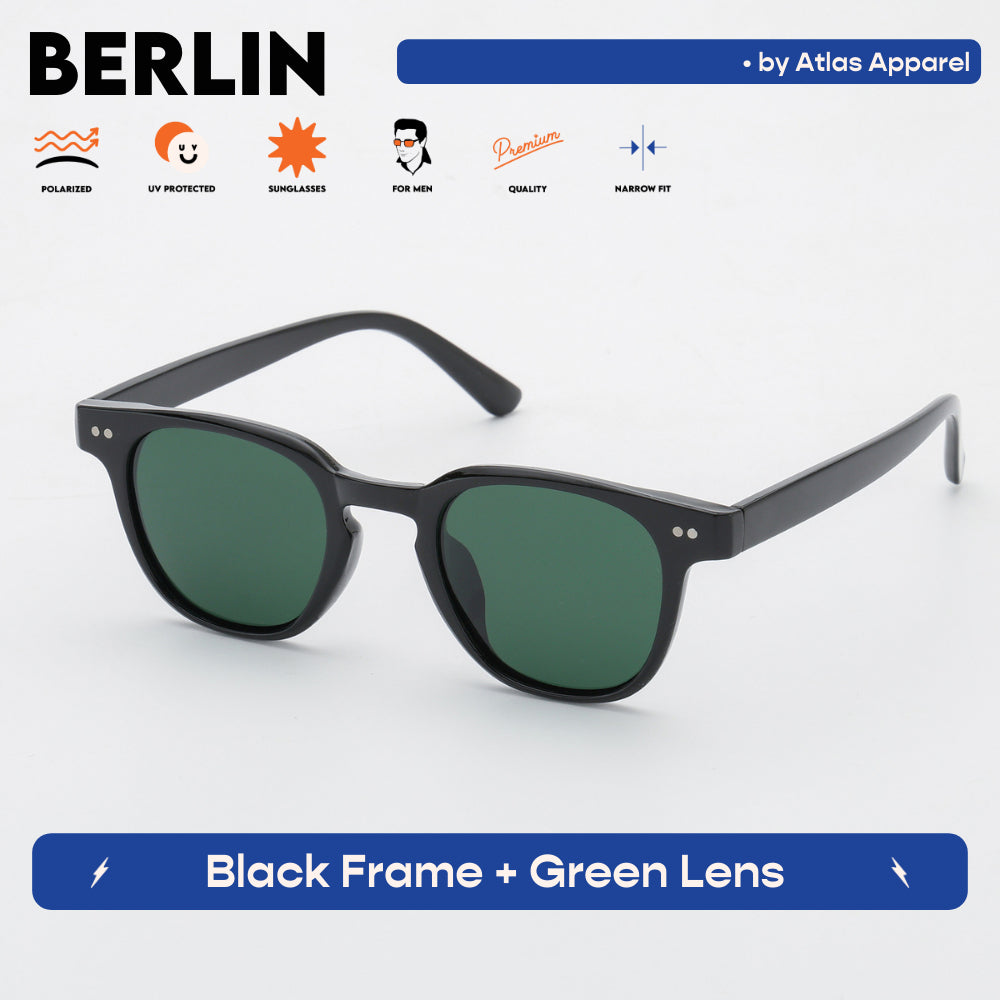 BERLIN Men's Polarized Oval Sunglasses (Size 48) by Atlas Apparel - UV Protection, Narrow Fit